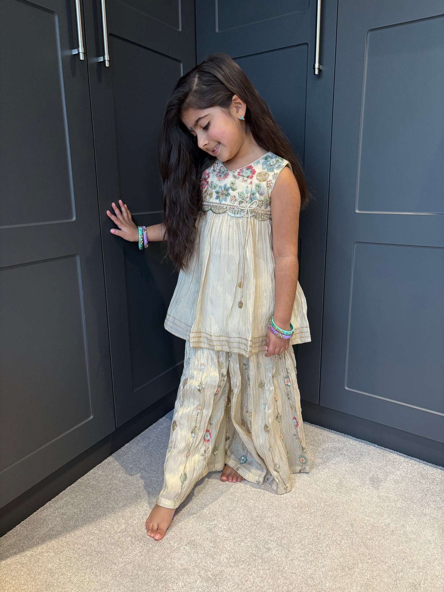 Pastel Floral Embroidery Palazzo Suit