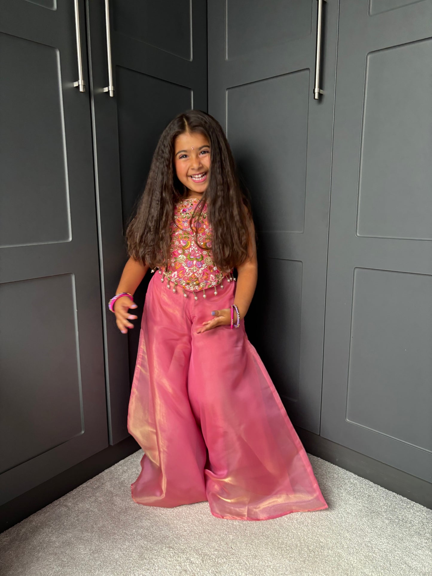 Pink Floral & Pearl Palazzo Suit