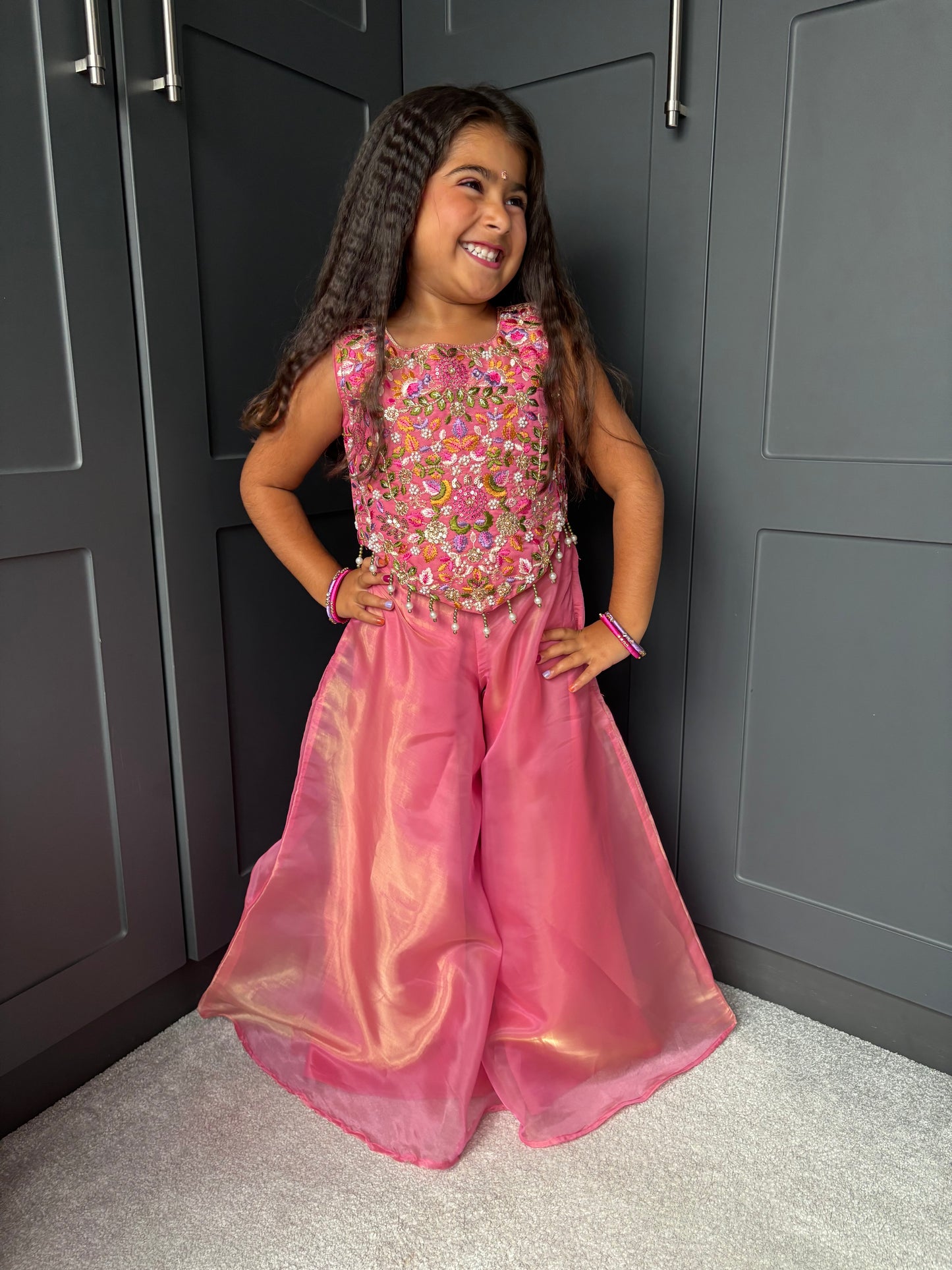 Pink Floral & Pearl Palazzo Suit