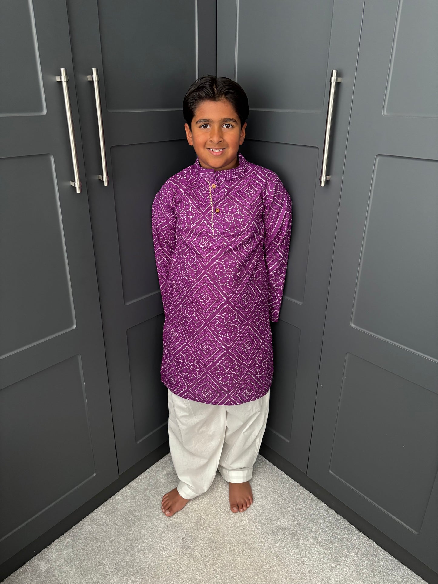 Boys Festive Purple Bandhani Print Salwar Kameez | Sibling Collection