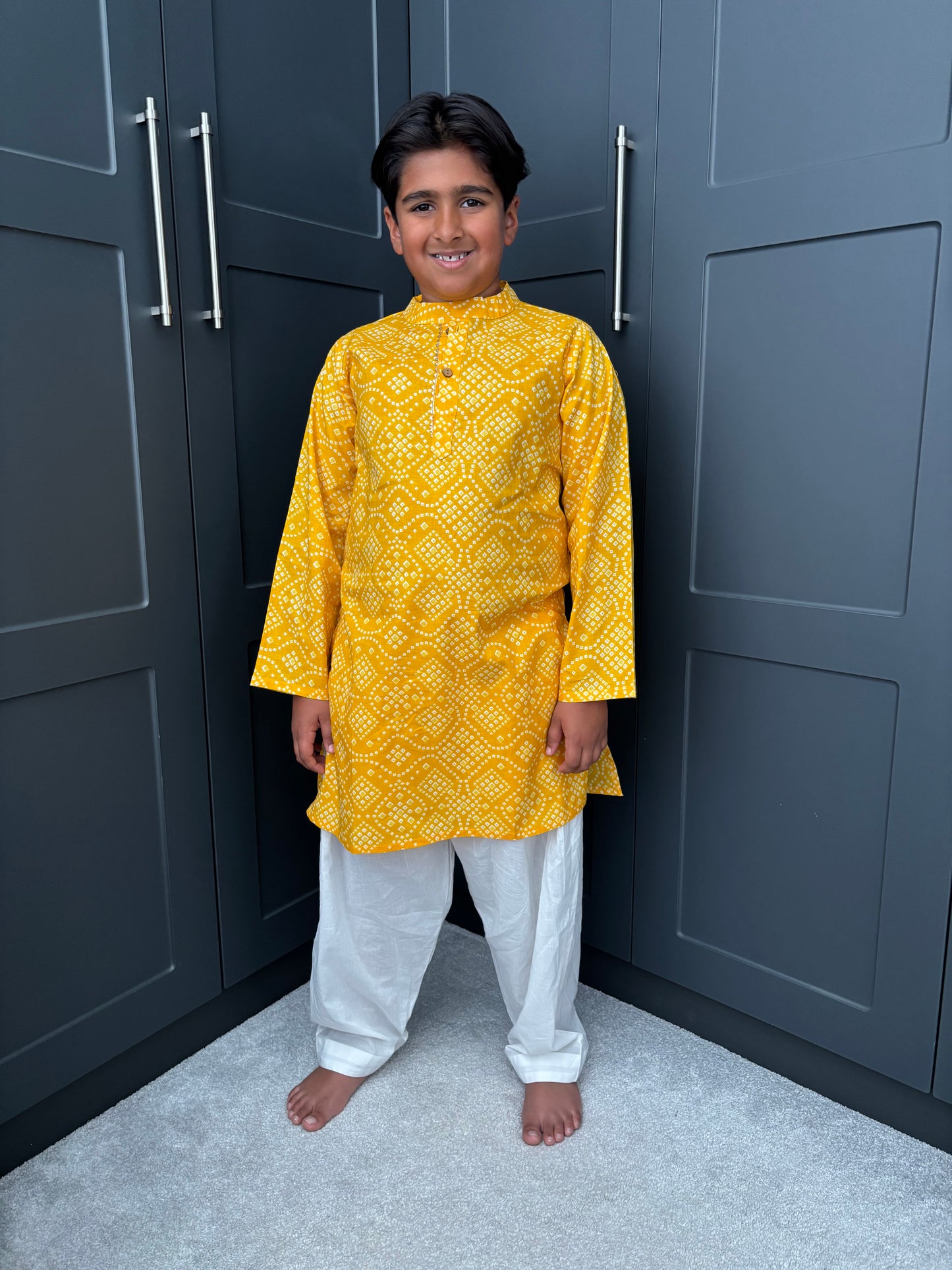 Boys Festive Yellow Bandhani Print Salwar Kameez | Sibling Collection