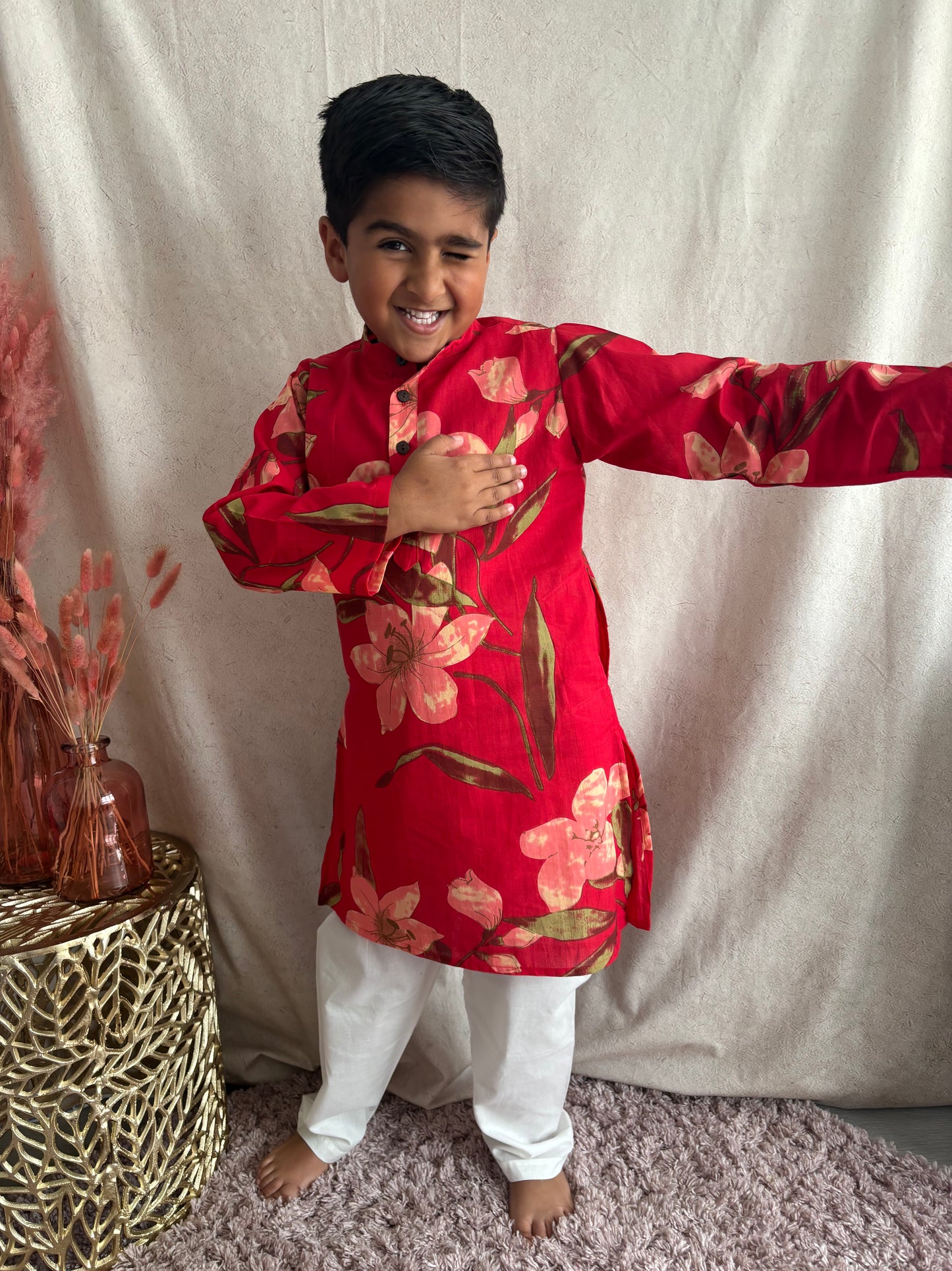 Sibling Set - Boys Red Kurta Pyjama