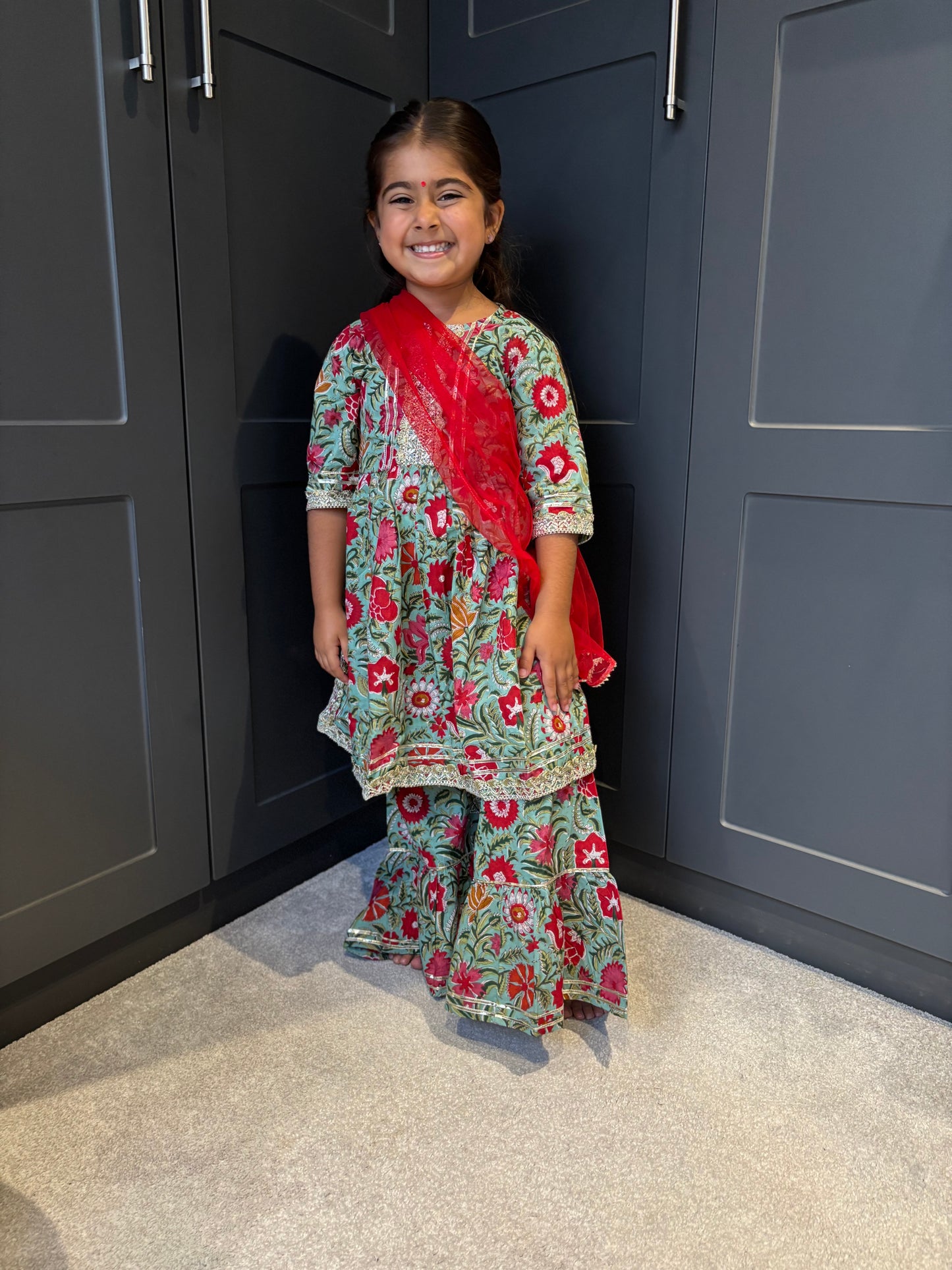 Mint & Red Paisley Print Sharara Suit
