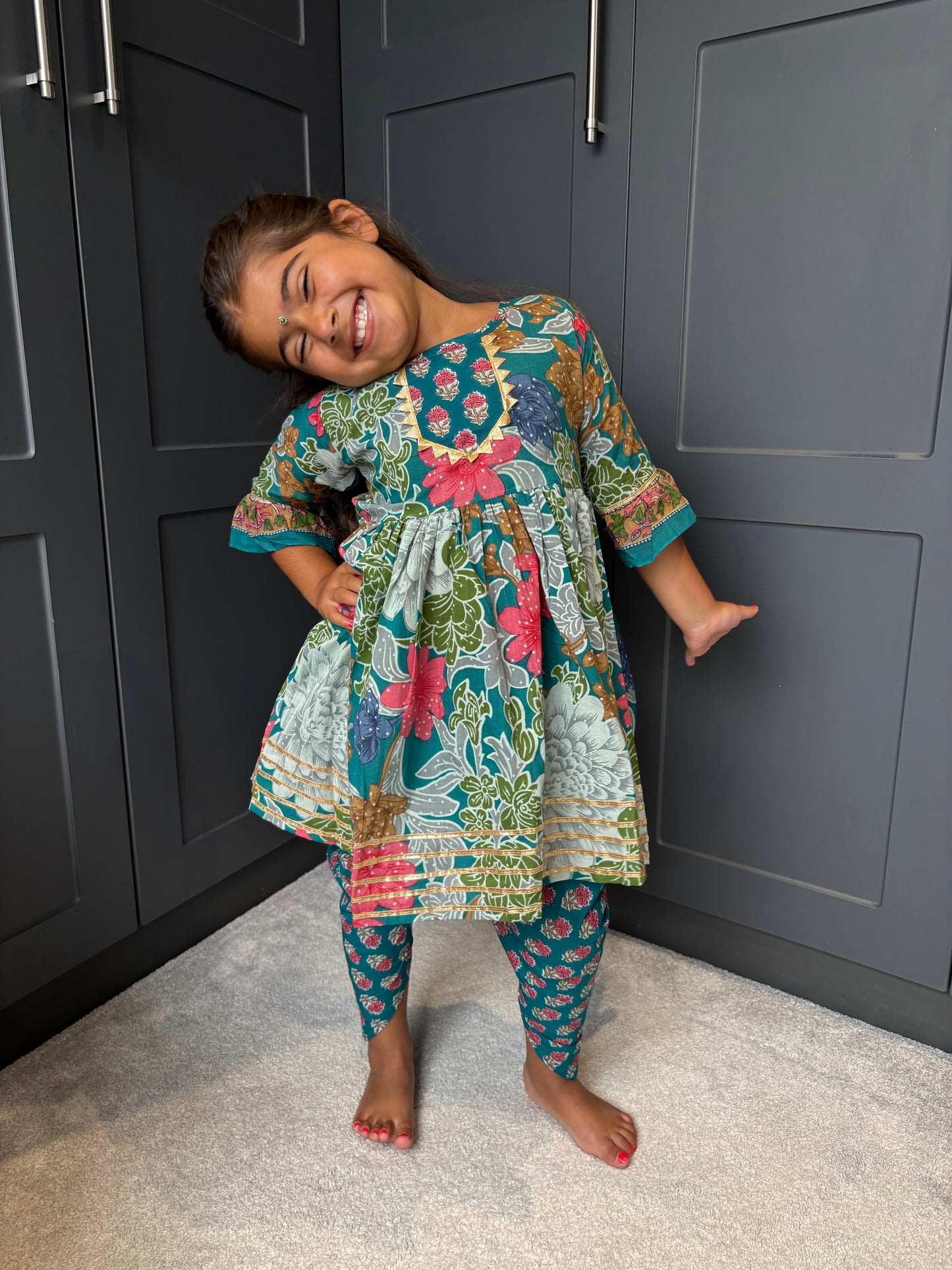 Teal Floral Dhoti Suit