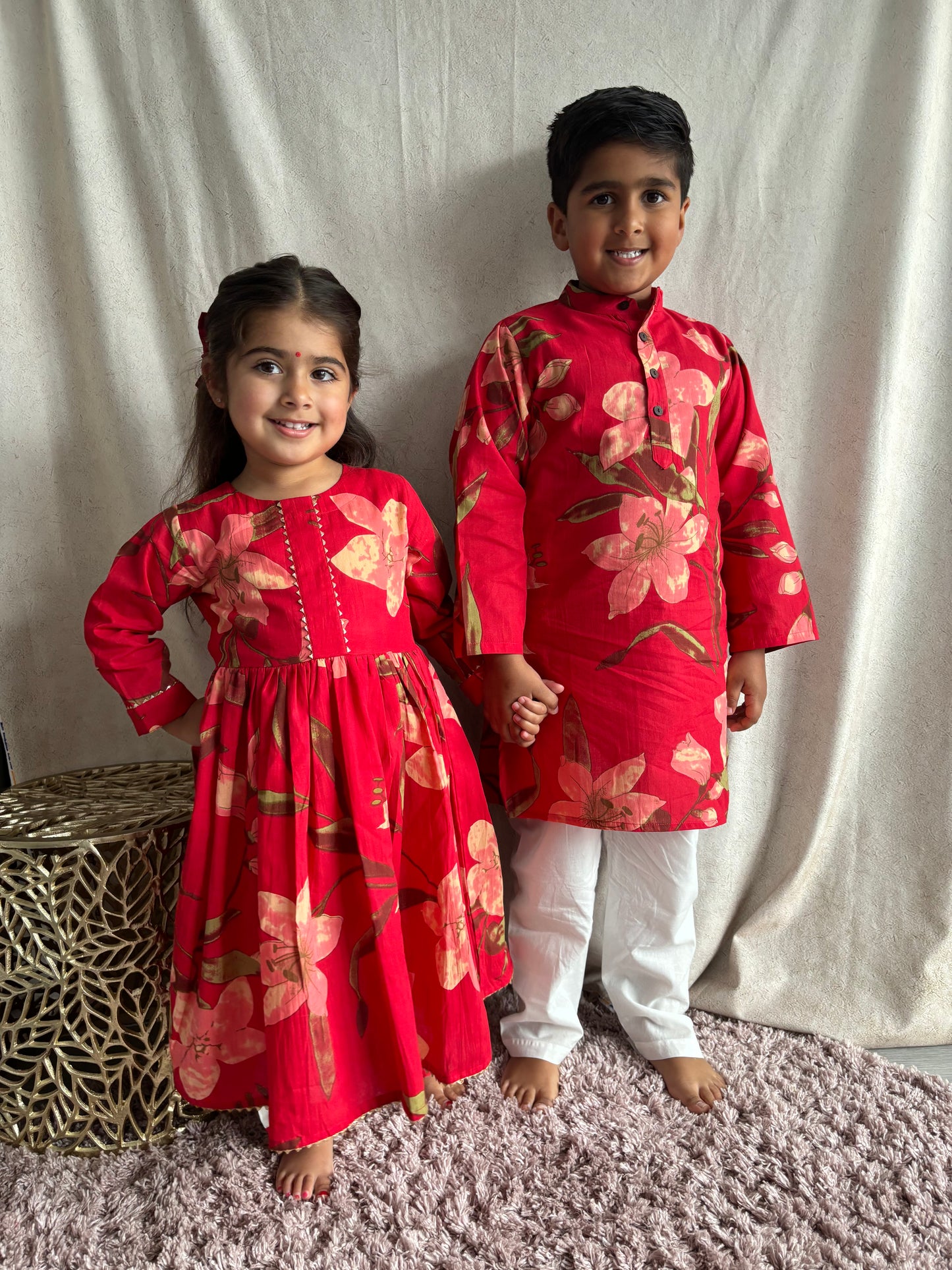 Sibling Set - Boys Red Kurta Pyjama