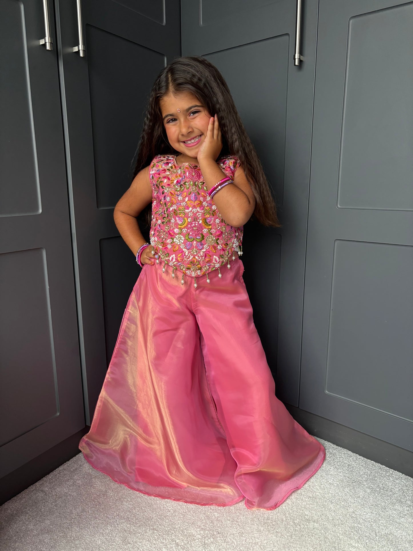 Pink Floral & Pearl Palazzo Suit