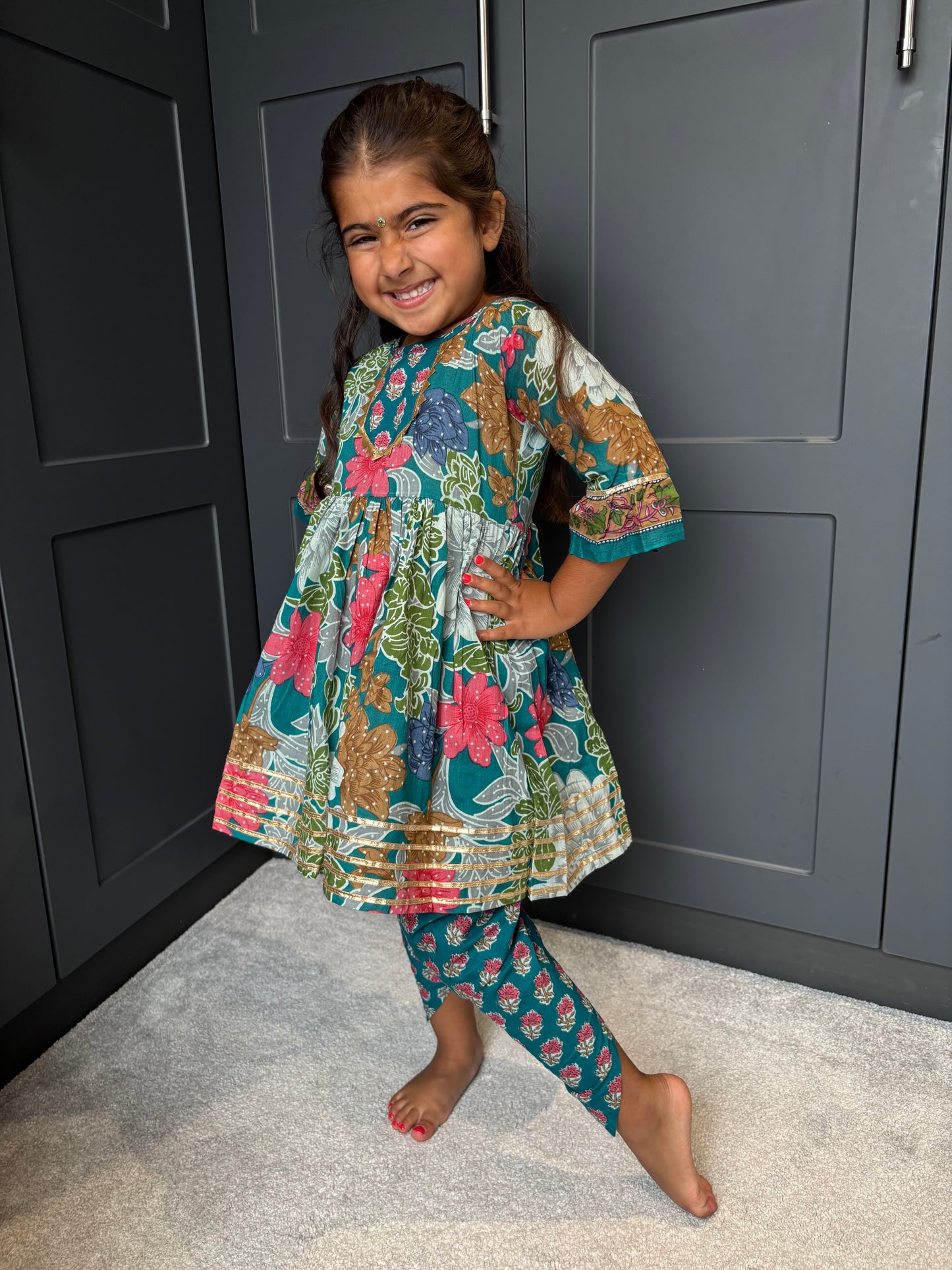 Teal Floral Dhoti Suit