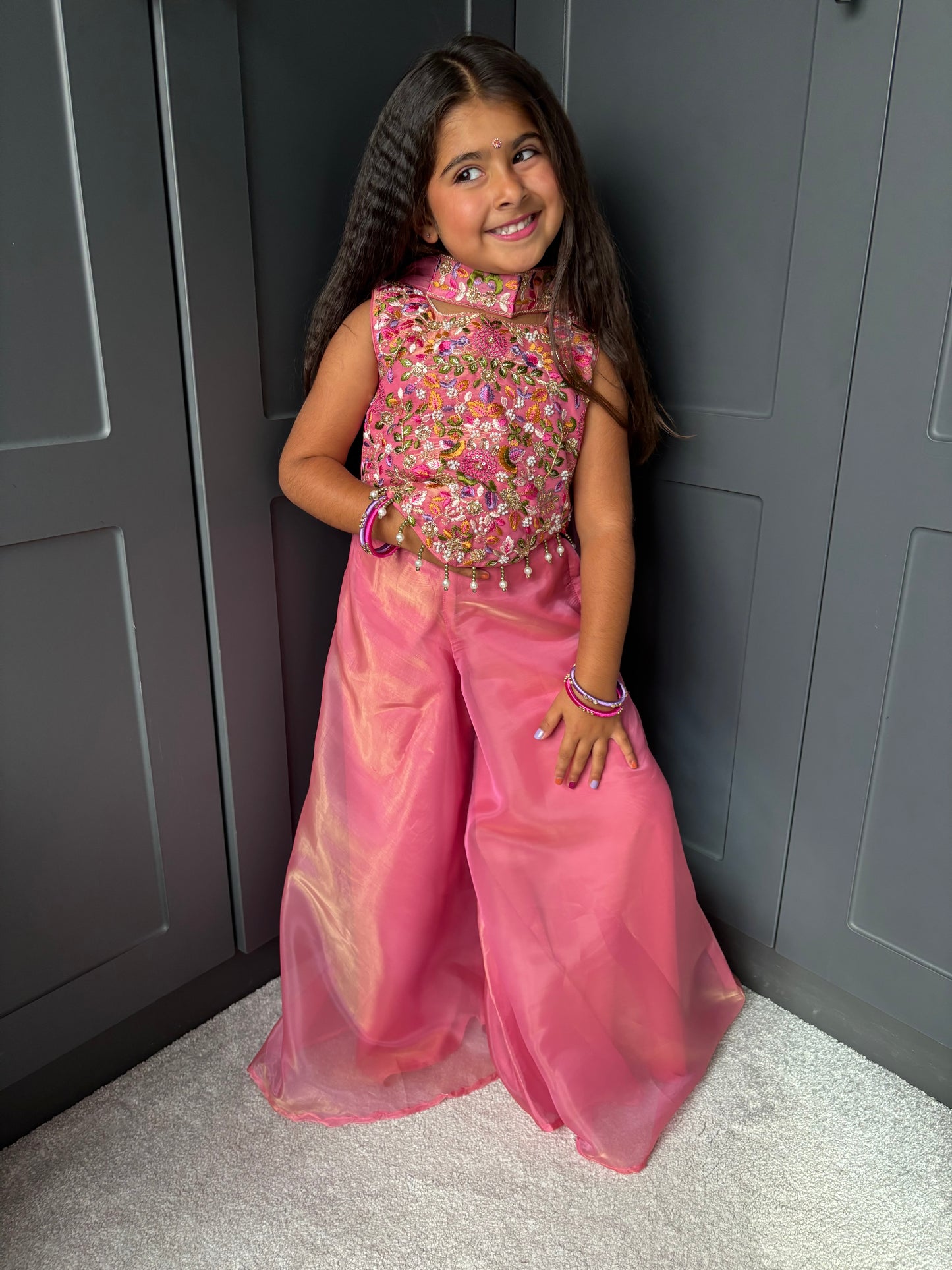 Pink Floral & Pearl Palazzo Suit