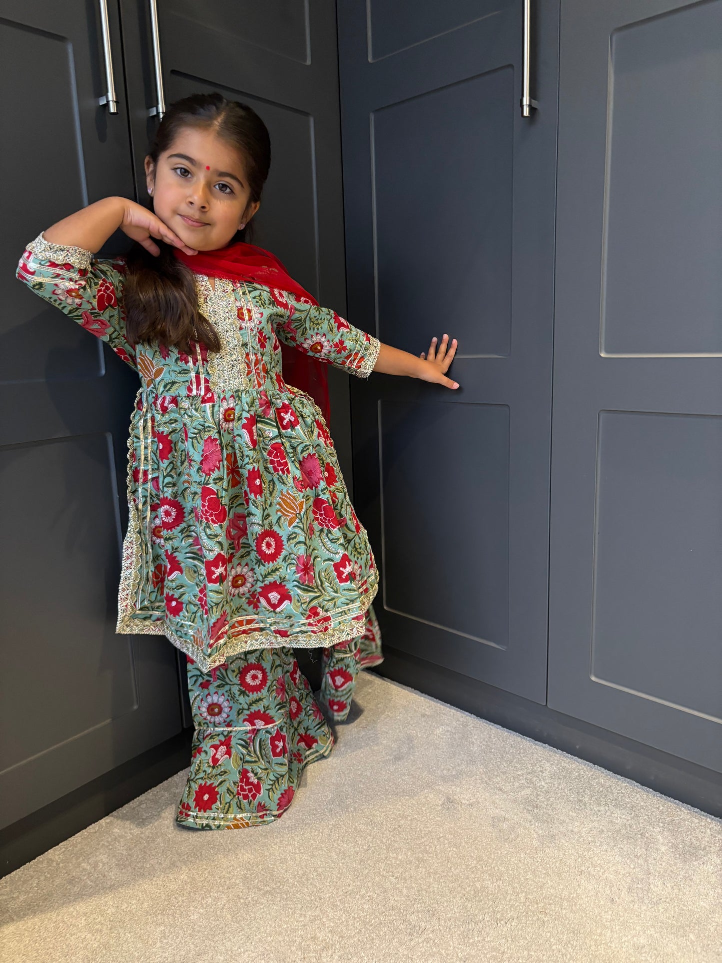 Mint & Red Paisley Print Sharara Suit