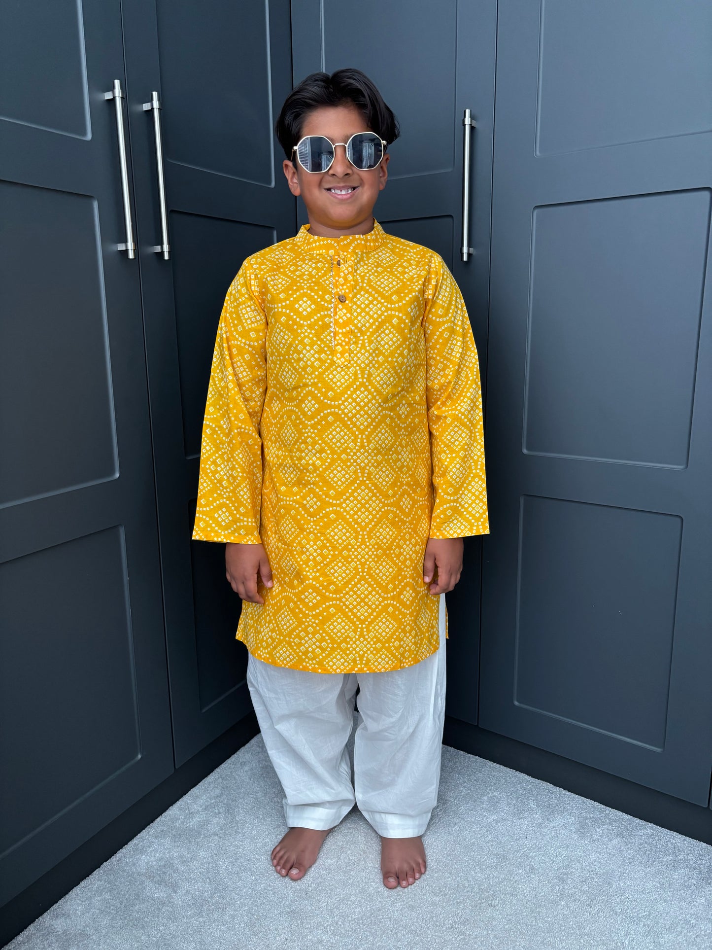 Boys Festive Yellow Bandhani Print Salwar Kameez | Sibling Collection