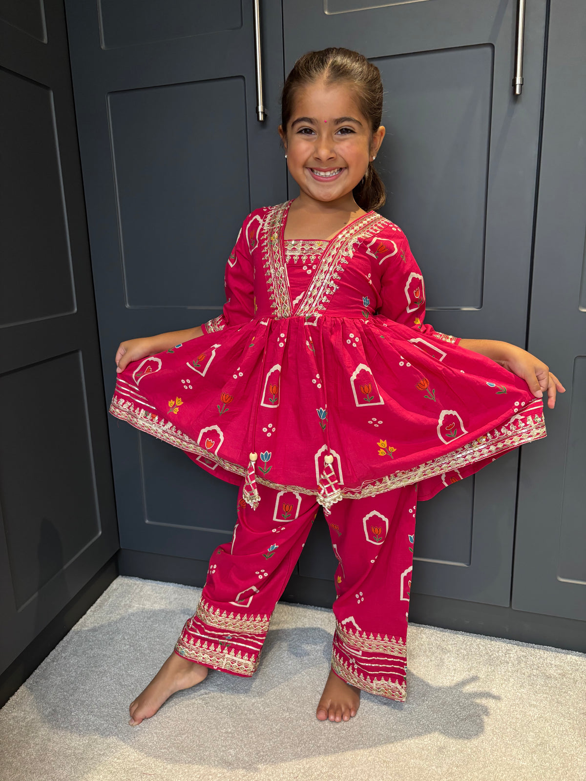 Rani Pink Cotton Palazzo Suit with Gotta Detail & Bandhani Dupatta | Indian Kidswear | Girls Outfits