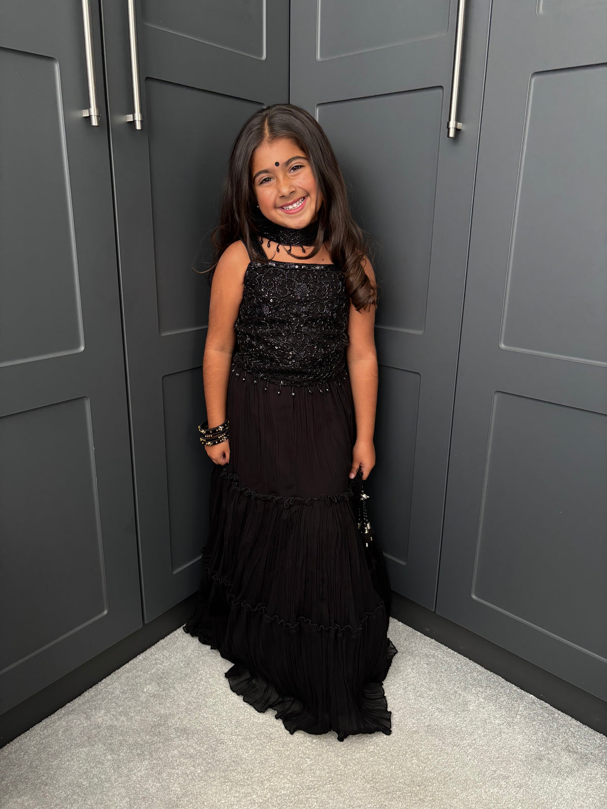 Black Embellished Lengha Set with Collar Dupatta | Girls Indian Festive Wear