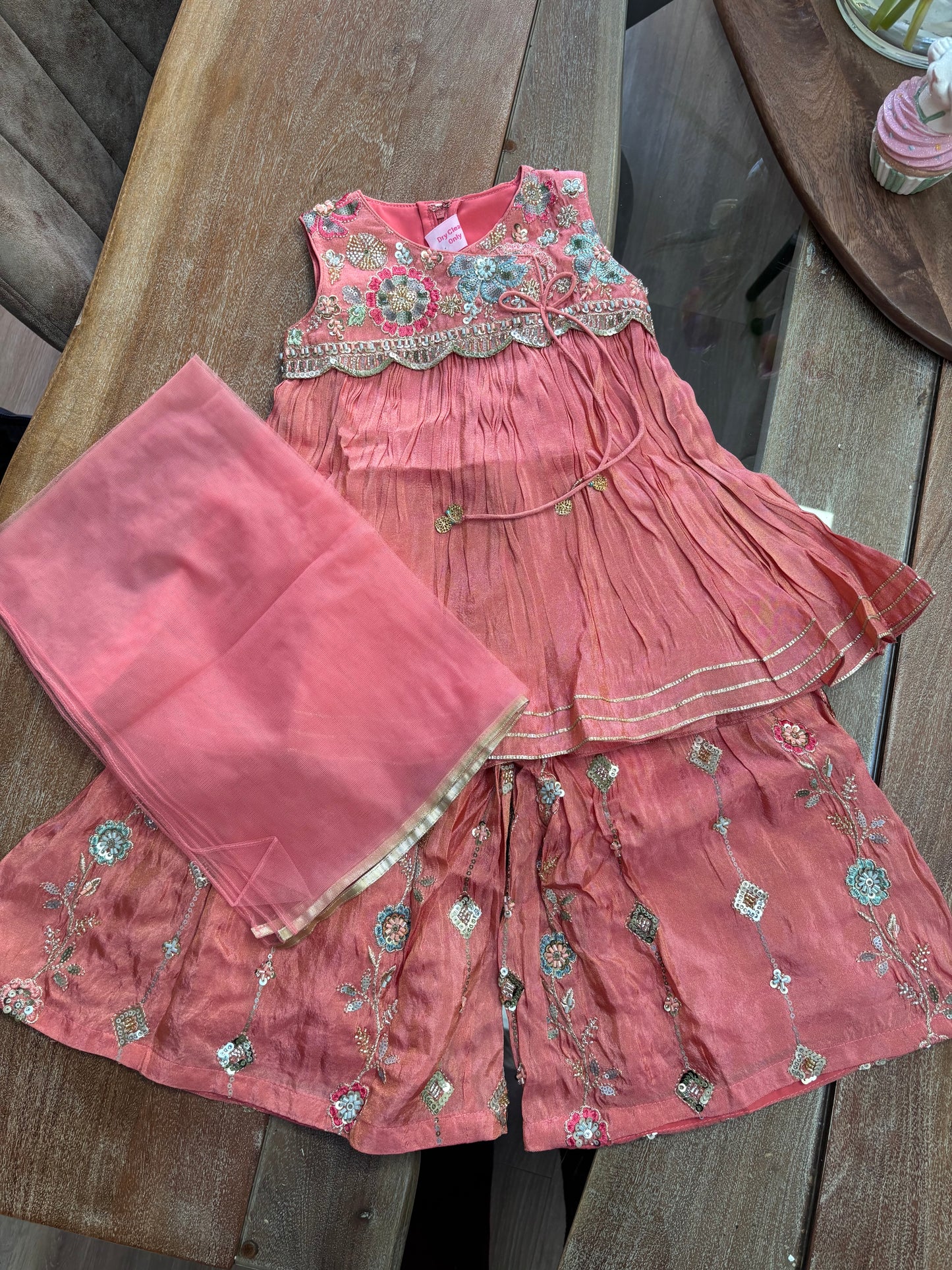 Peach Floral Embroidered Palazzo Suit