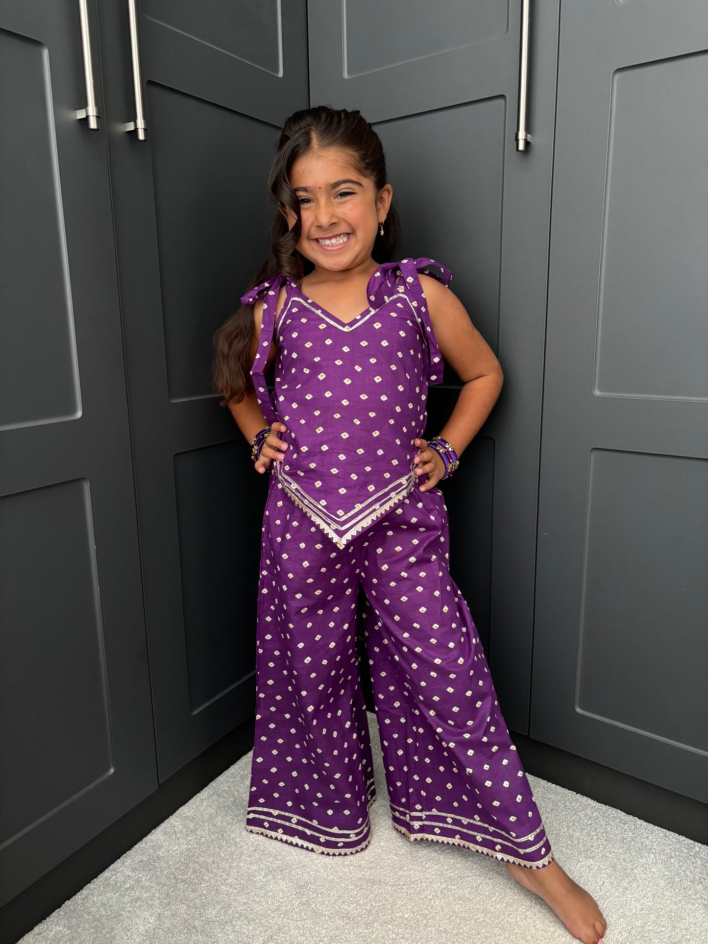 Girls Festive Purple Bandhani Print Palazzo Suit | Sibling Collection