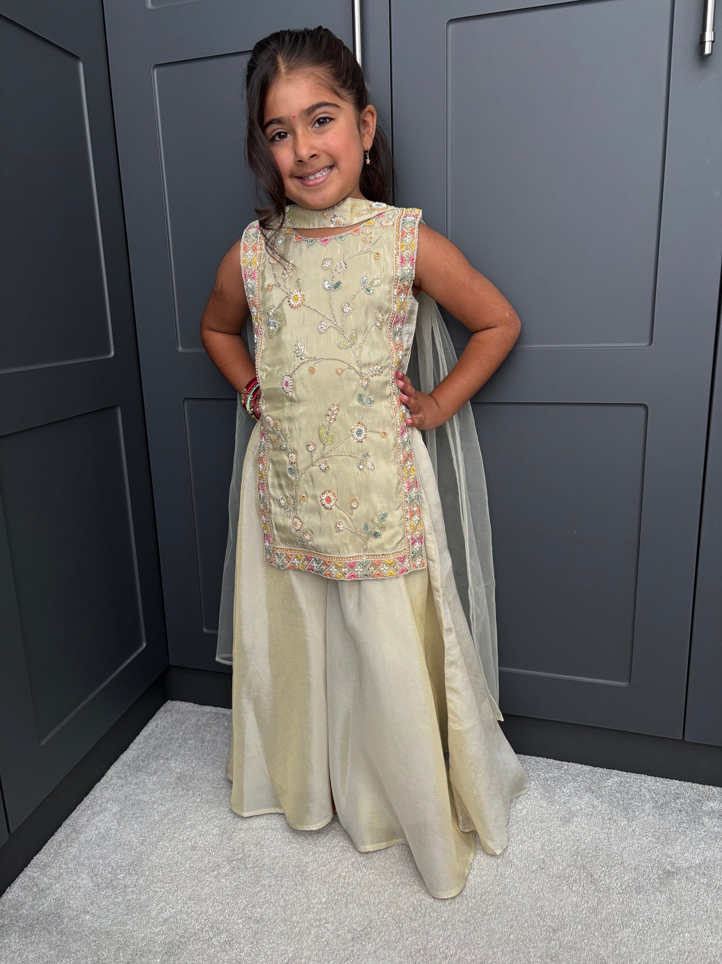 The Golden Muse | Girls Gold Floral Embroidered Palazzo Suit