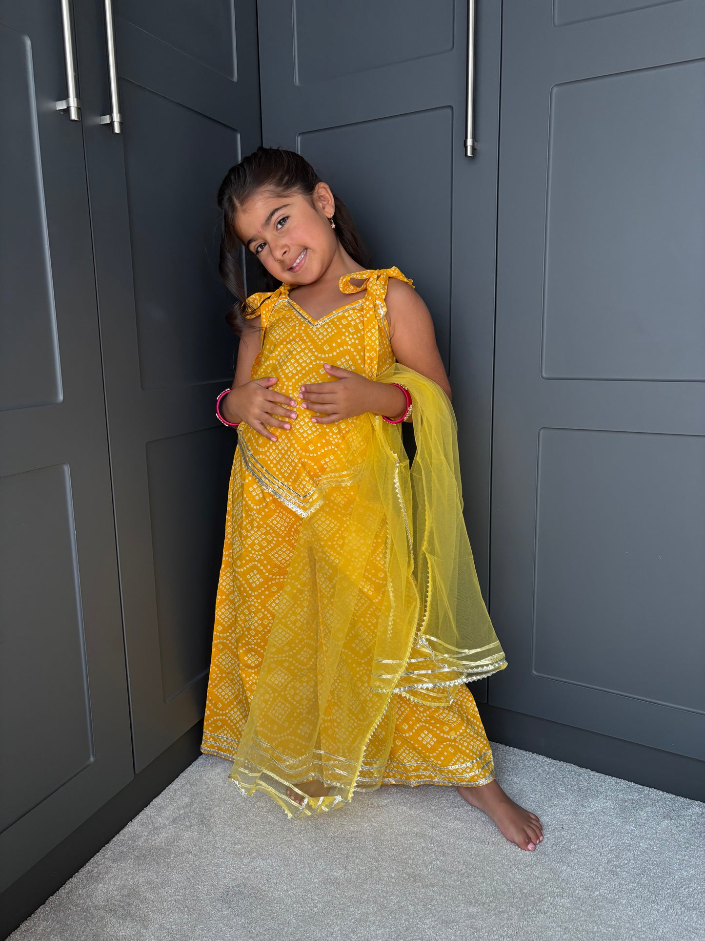 Girls Festive Yellow Bandhani Print Palazzo Suit | Sibling Collection
