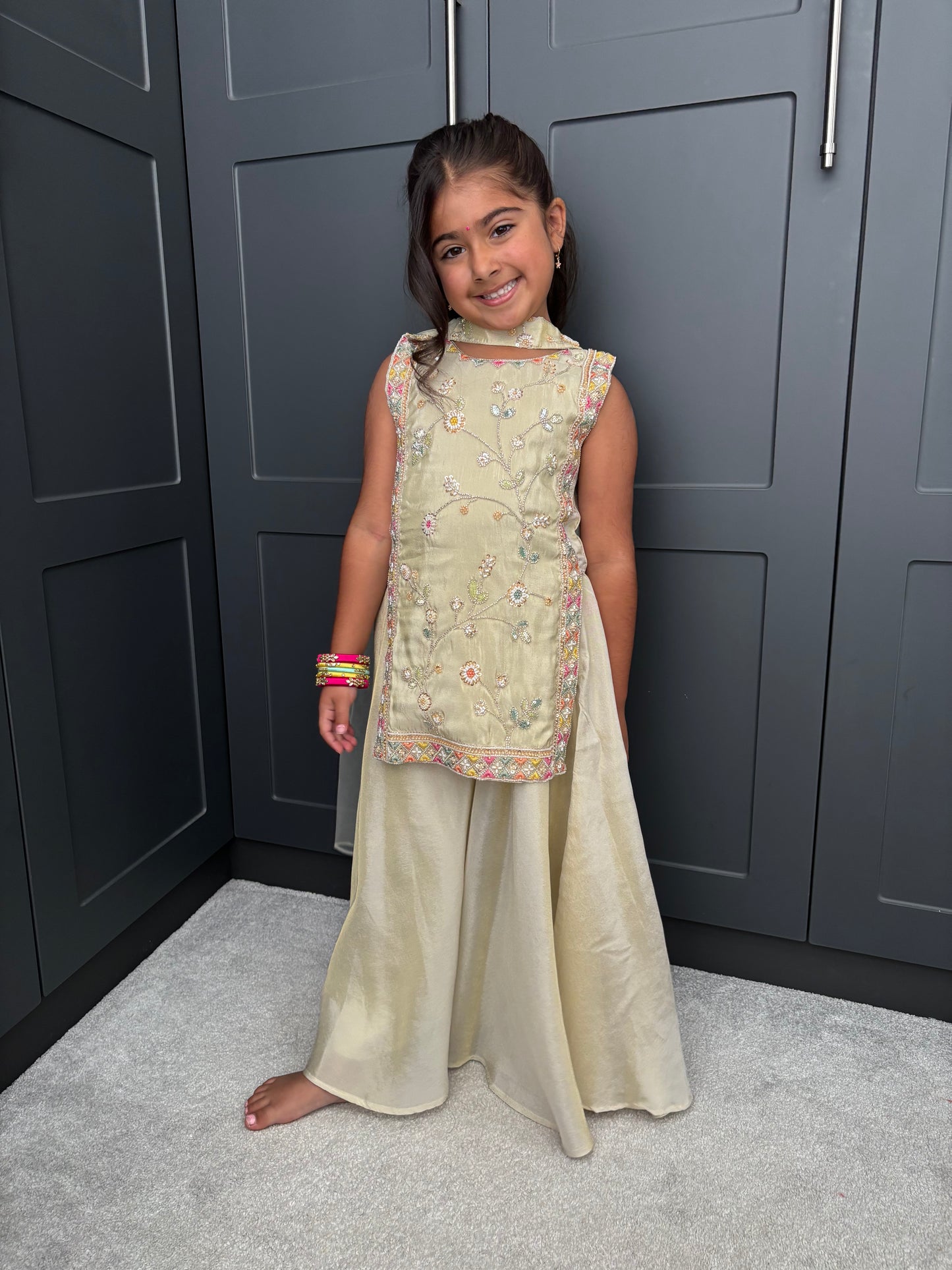 The Golden Muse | Girls Gold Floral Embroidered Palazzo Suit