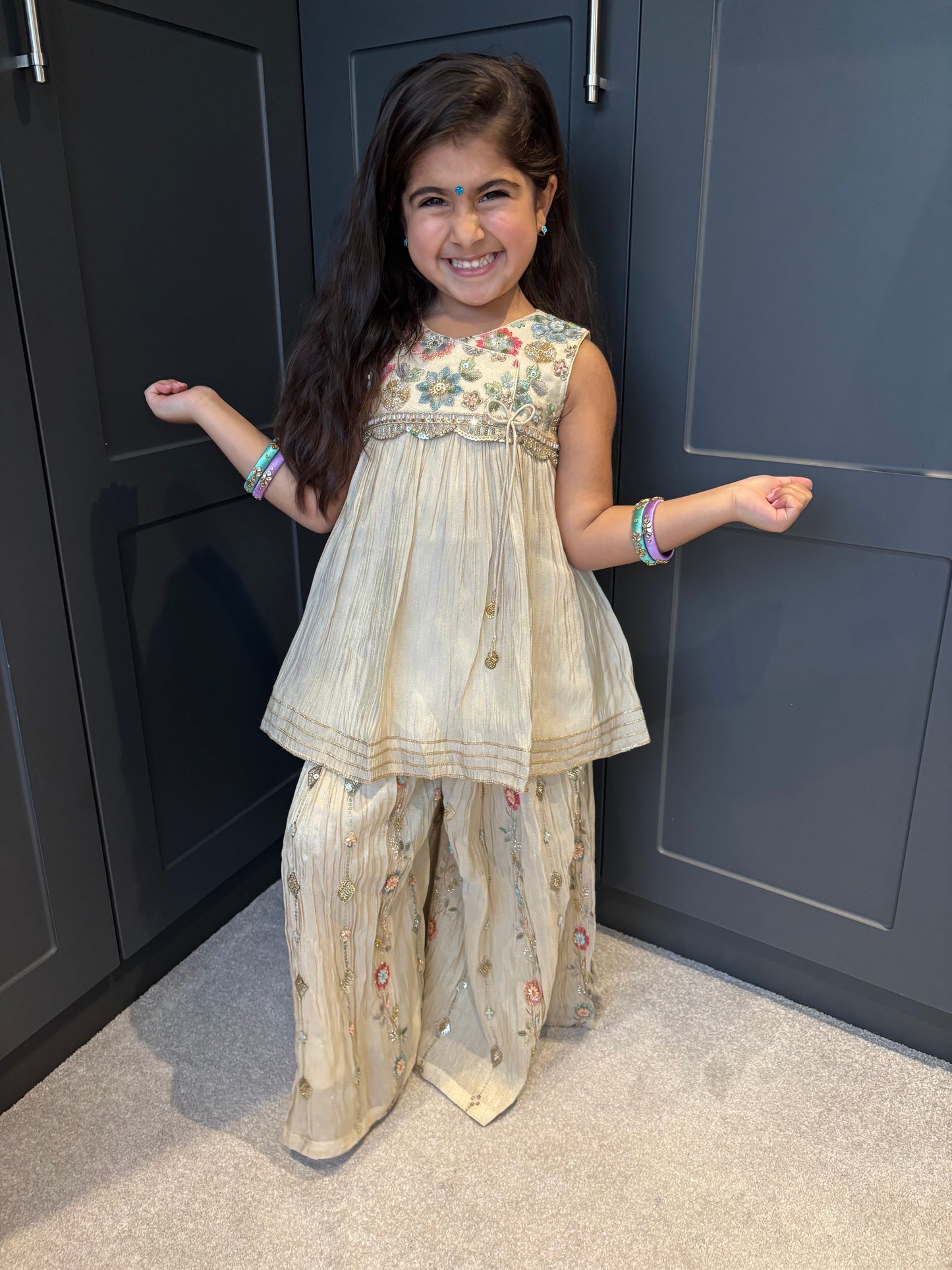 Pastel Floral Embroidery Palazzo Suit