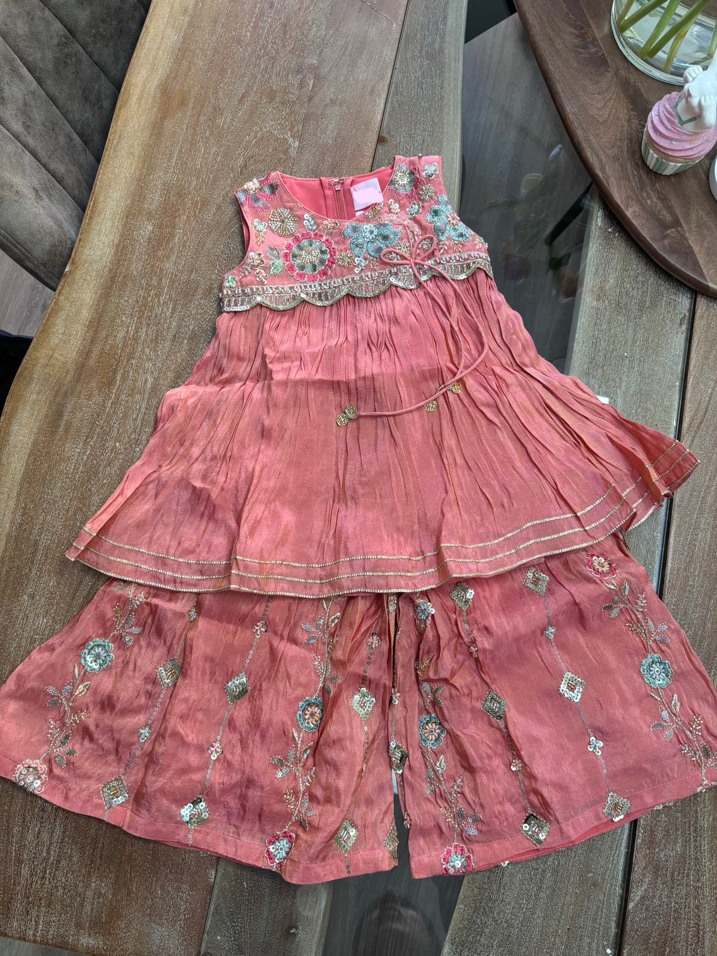 Peach Floral Embroidered Palazzo Suit