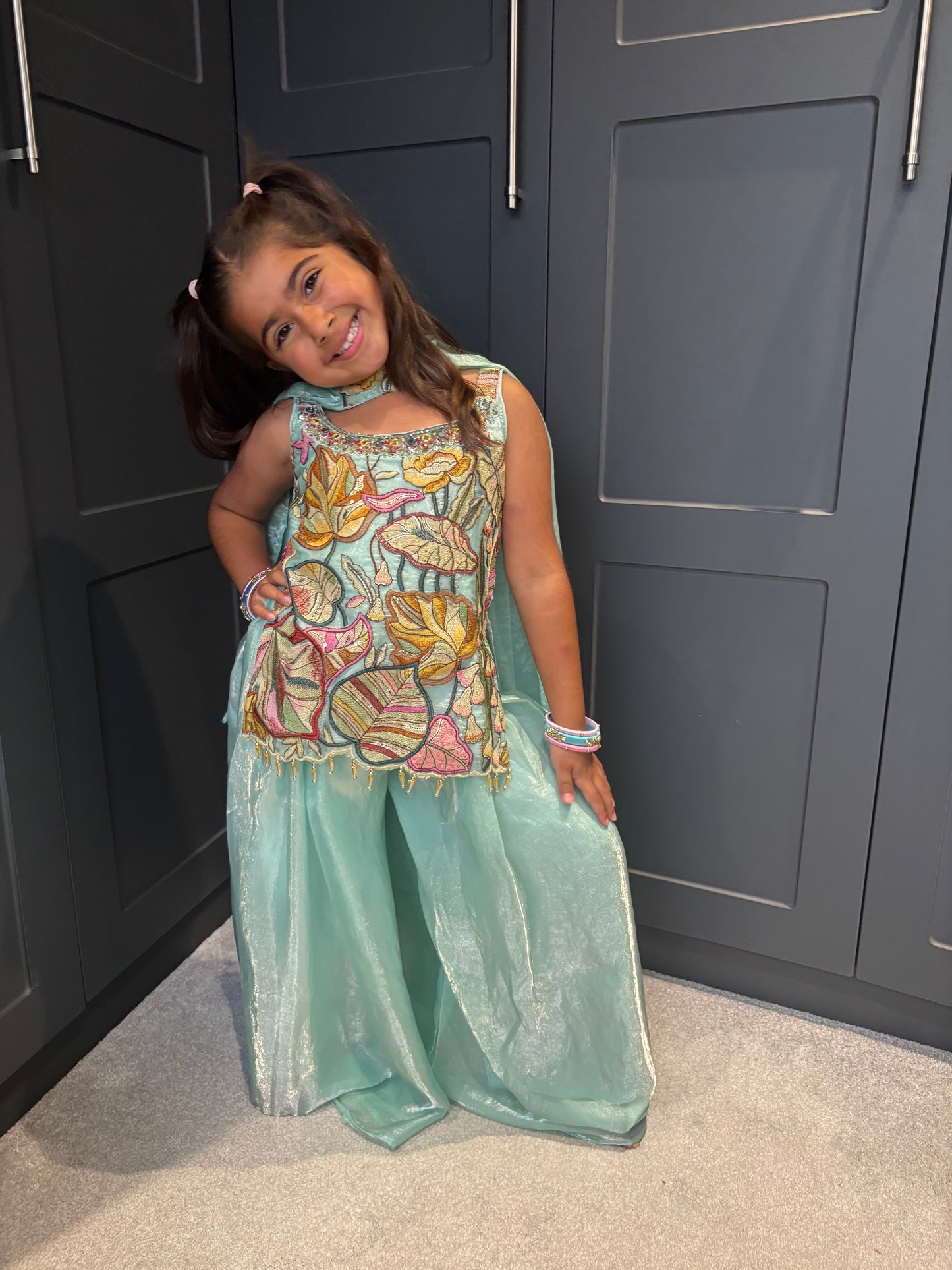 Girls Aqua Blue Embroidered Palazzo Suit | Floral Festive Ethnic Wear