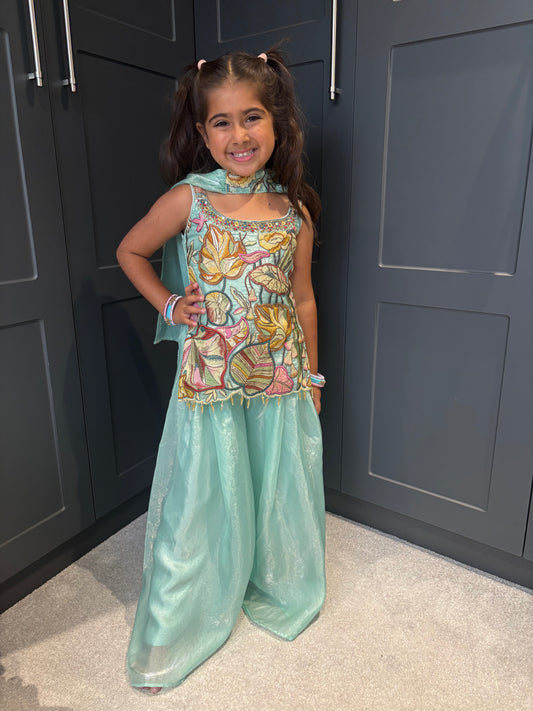 Girls Aqua Blue Embroidered Palazzo Suit | Floral Festive Ethnic Wear