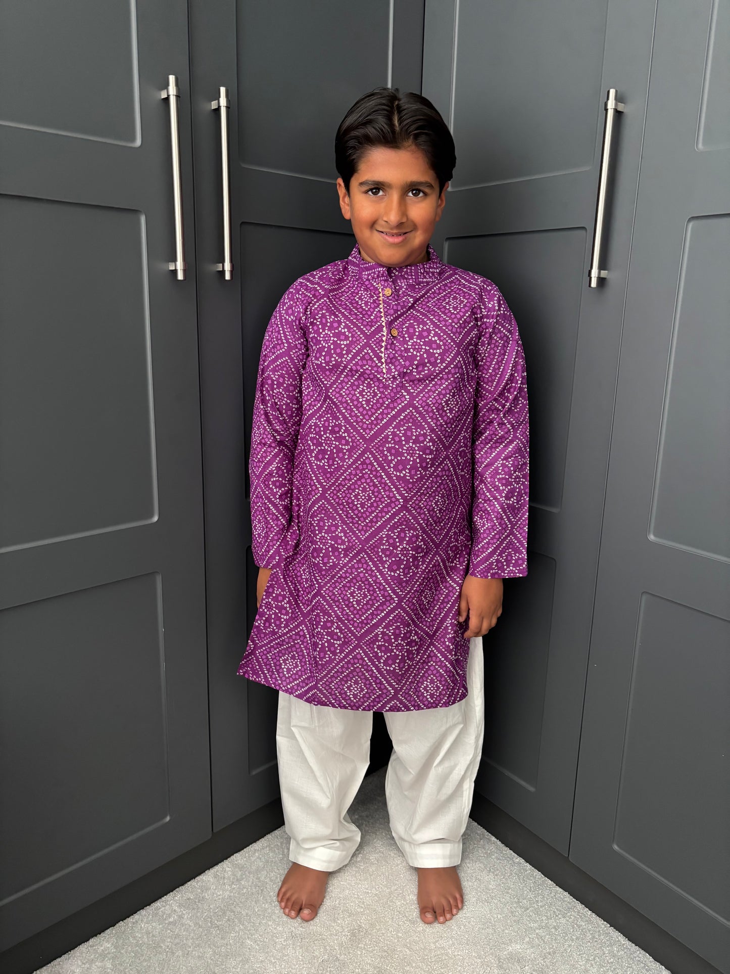 Boys Festive Purple Bandhani Print Salwar Kameez | Sibling Collection