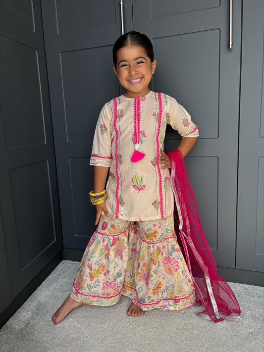Lotus Print Girls Gharara Set | Sibling Collection |