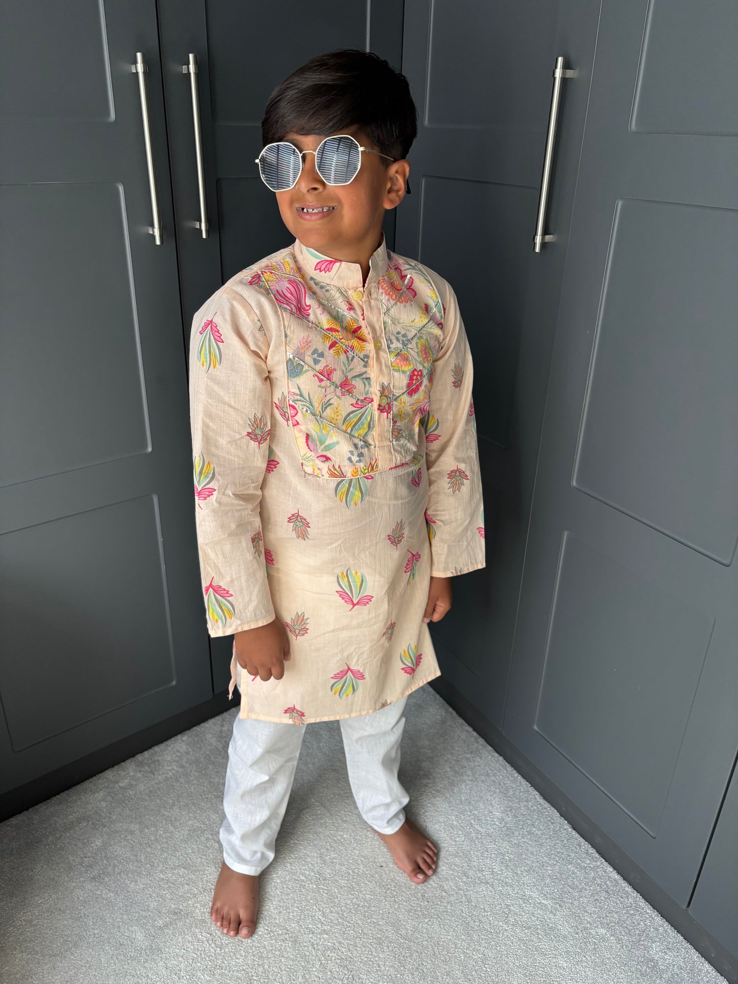 Lotus Print Kurta Pyjama Set | Boys' Indian Festive Wear | Sibling Collection