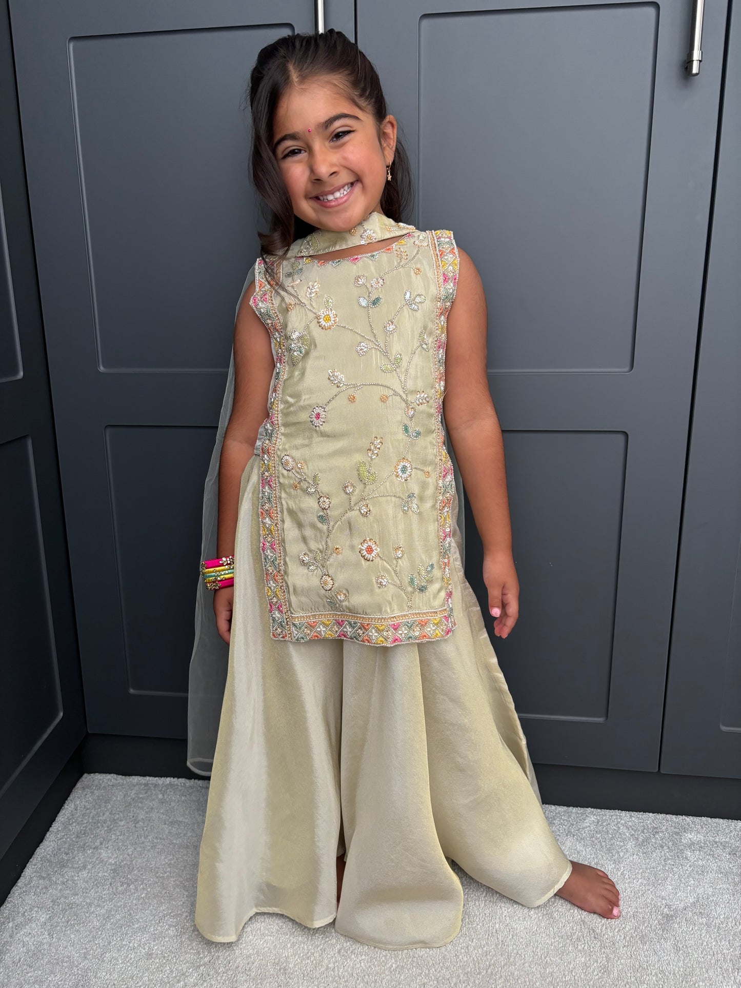 The Golden Muse | Girls Gold Floral Embroidered Palazzo Suit