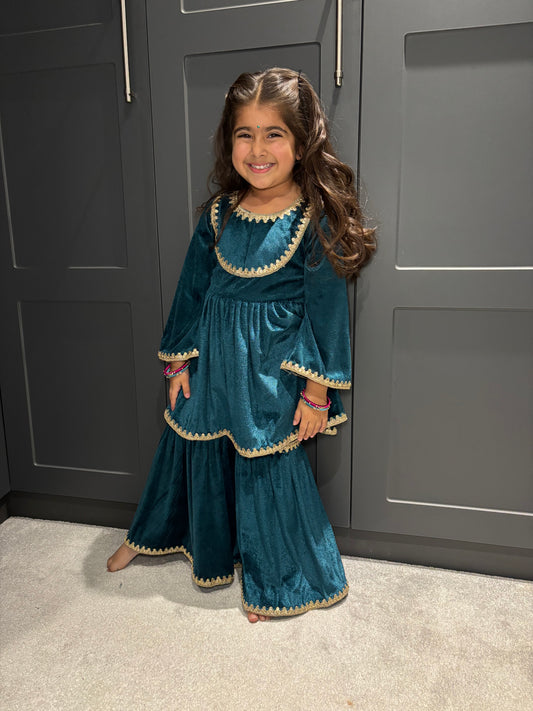 Teal Velvet Sharara Suit