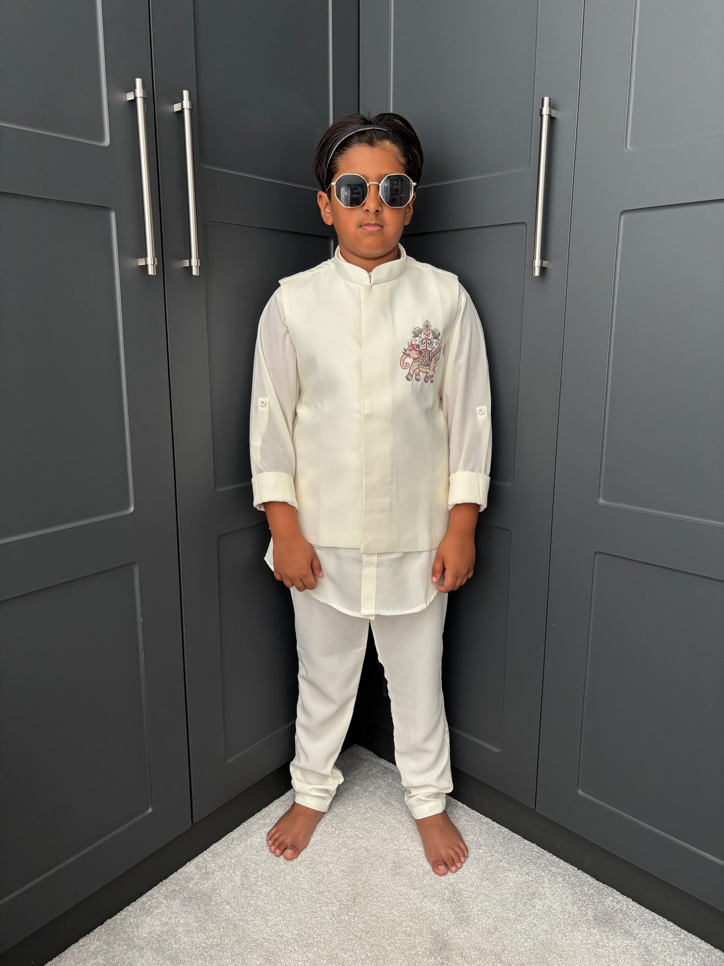 Boys Ivory Embroidered Nehru Jacket
