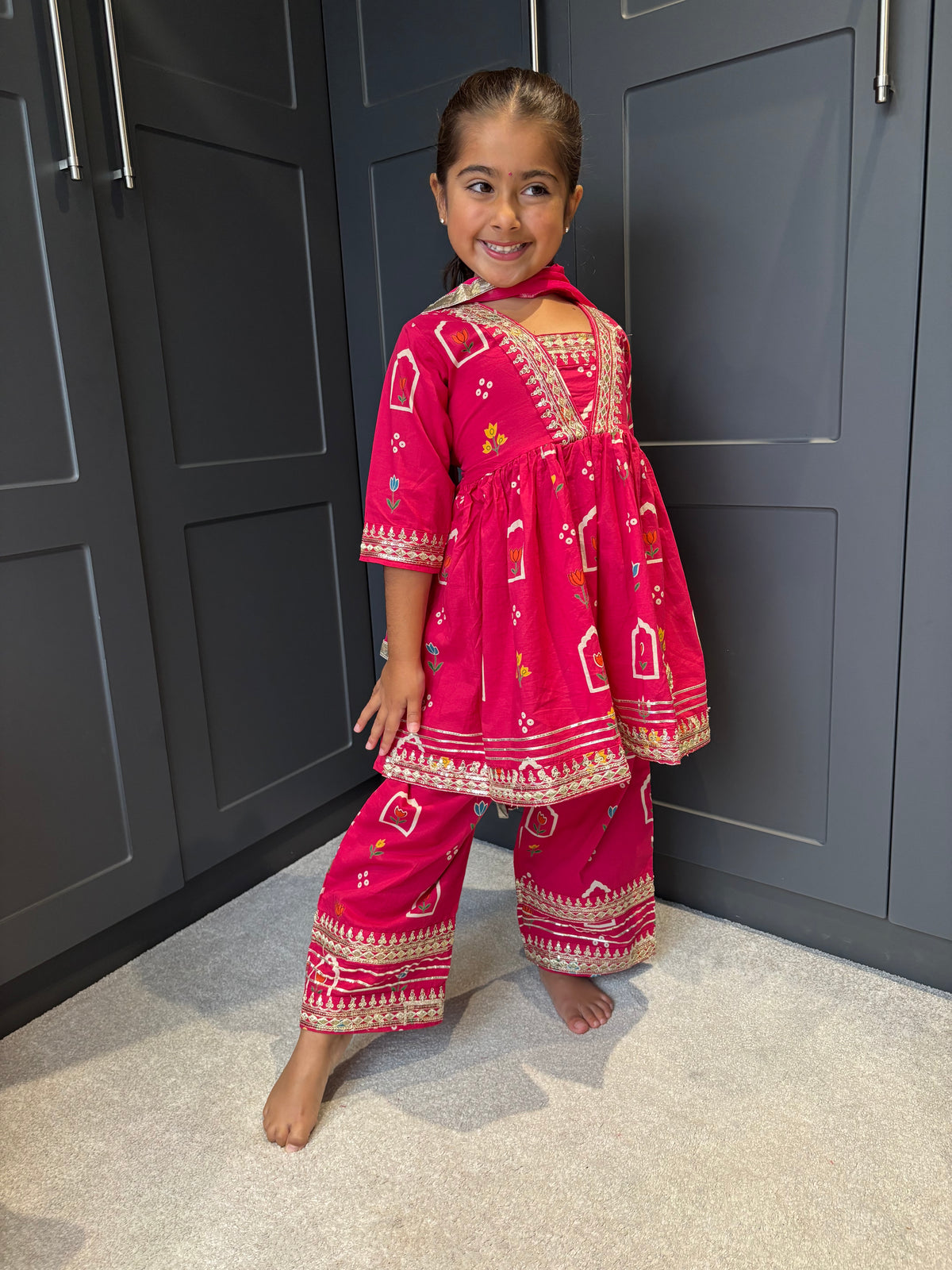 Rani Pink Cotton Palazzo Suit with Gotta Detail & Bandhani Dupatta | Indian Kidswear | Girls Outfits