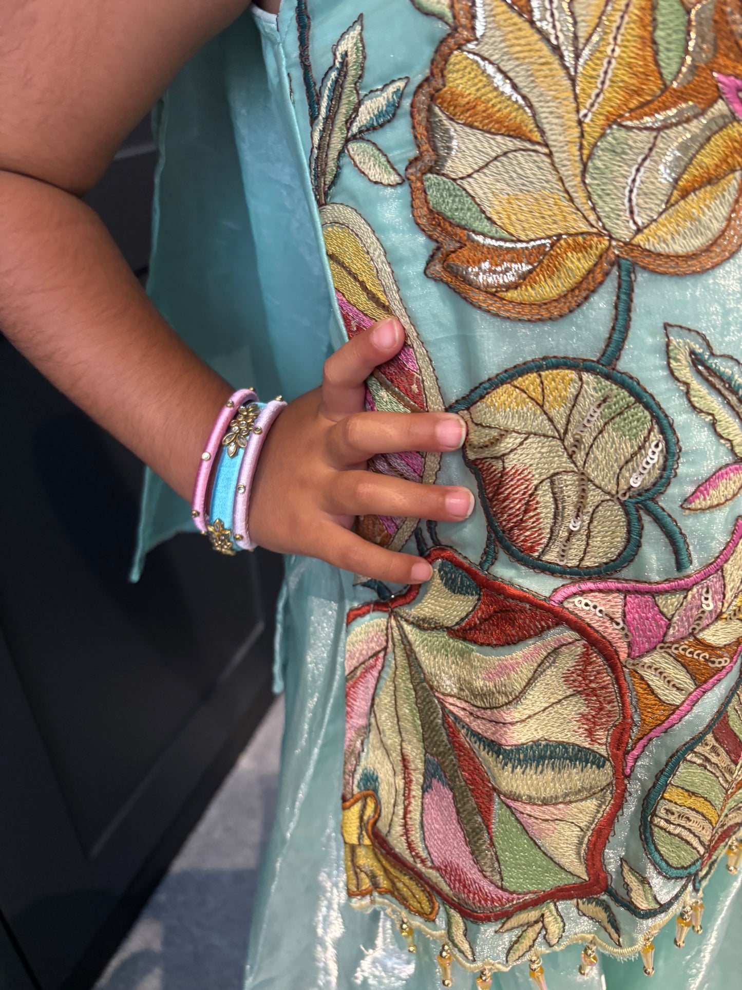 Girls Aqua Blue Embroidered Palazzo Suit | Floral Festive Ethnic Wear