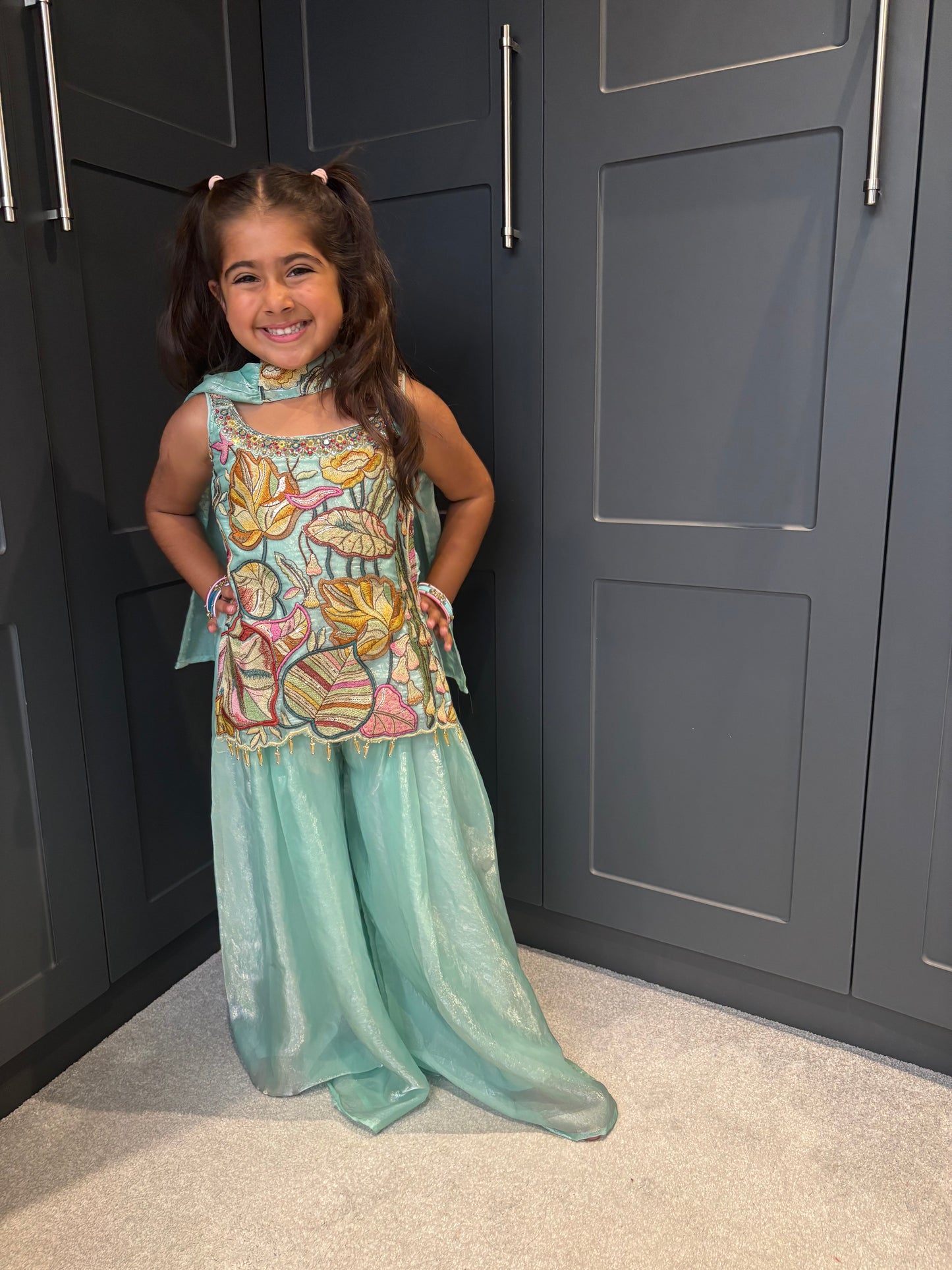 Girls Aqua Blue Embroidered Palazzo Suit | Floral Festive Ethnic Wear