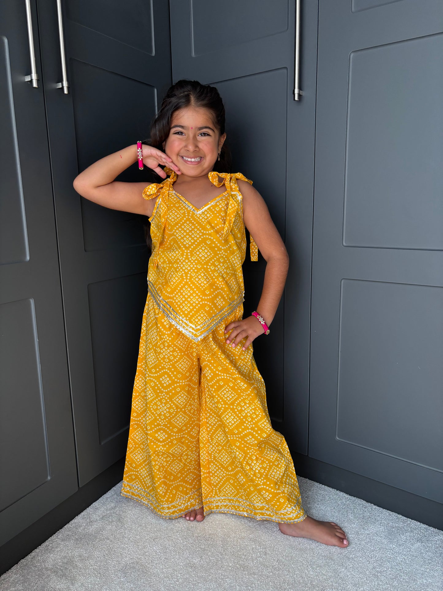 Girls Festive Yellow Bandhani Print Palazzo Suit | Sibling Collection