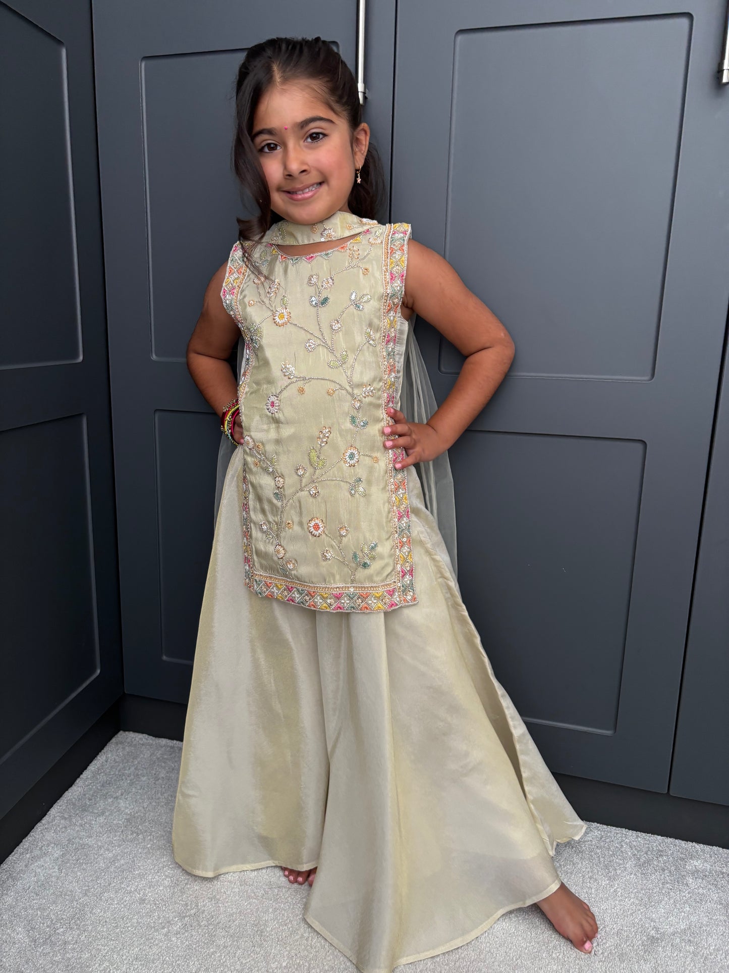 The Golden Muse | Girls Gold Floral Embroidered Palazzo Suit