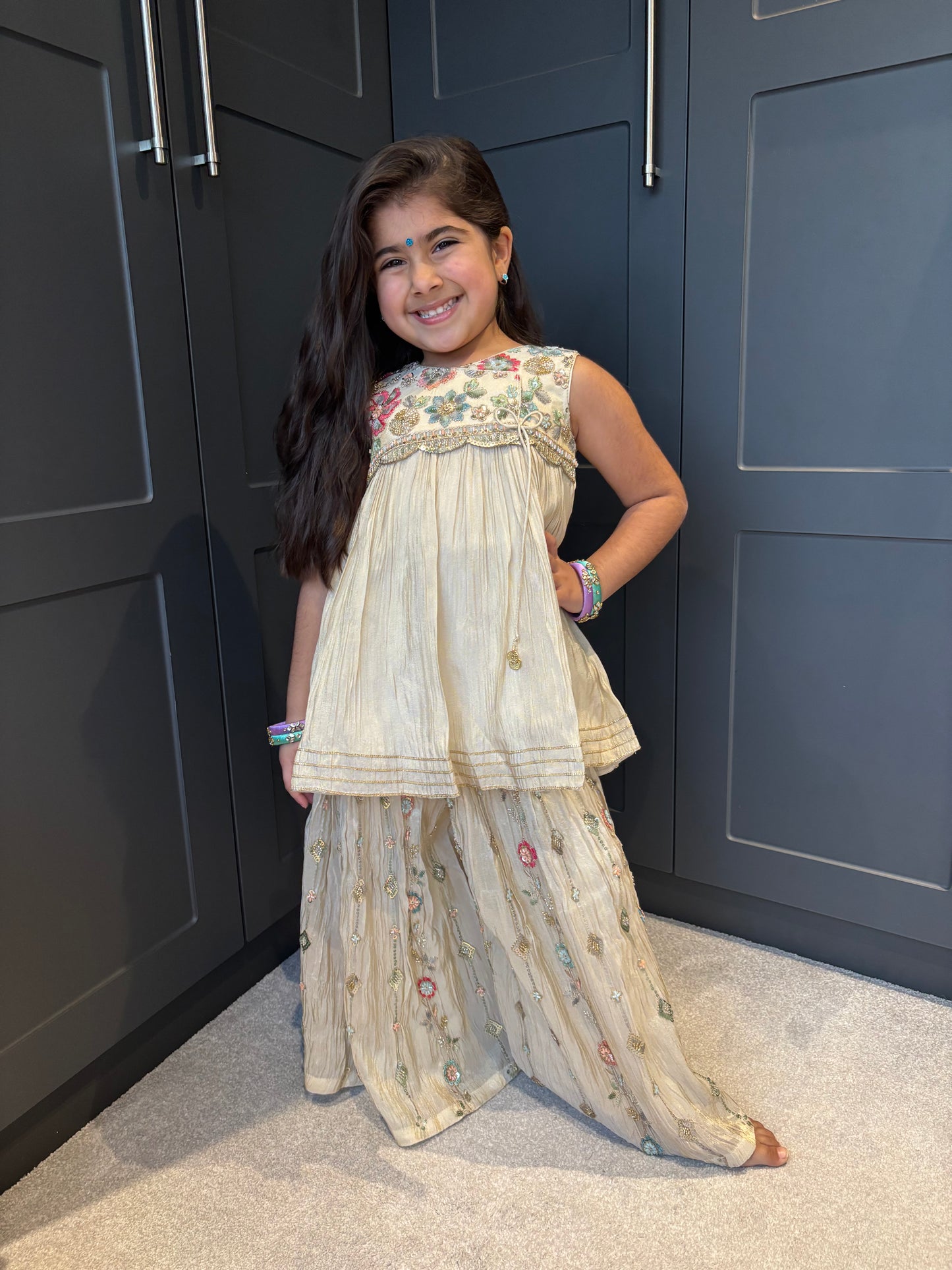 Pastel Floral Embroidery Palazzo Suit