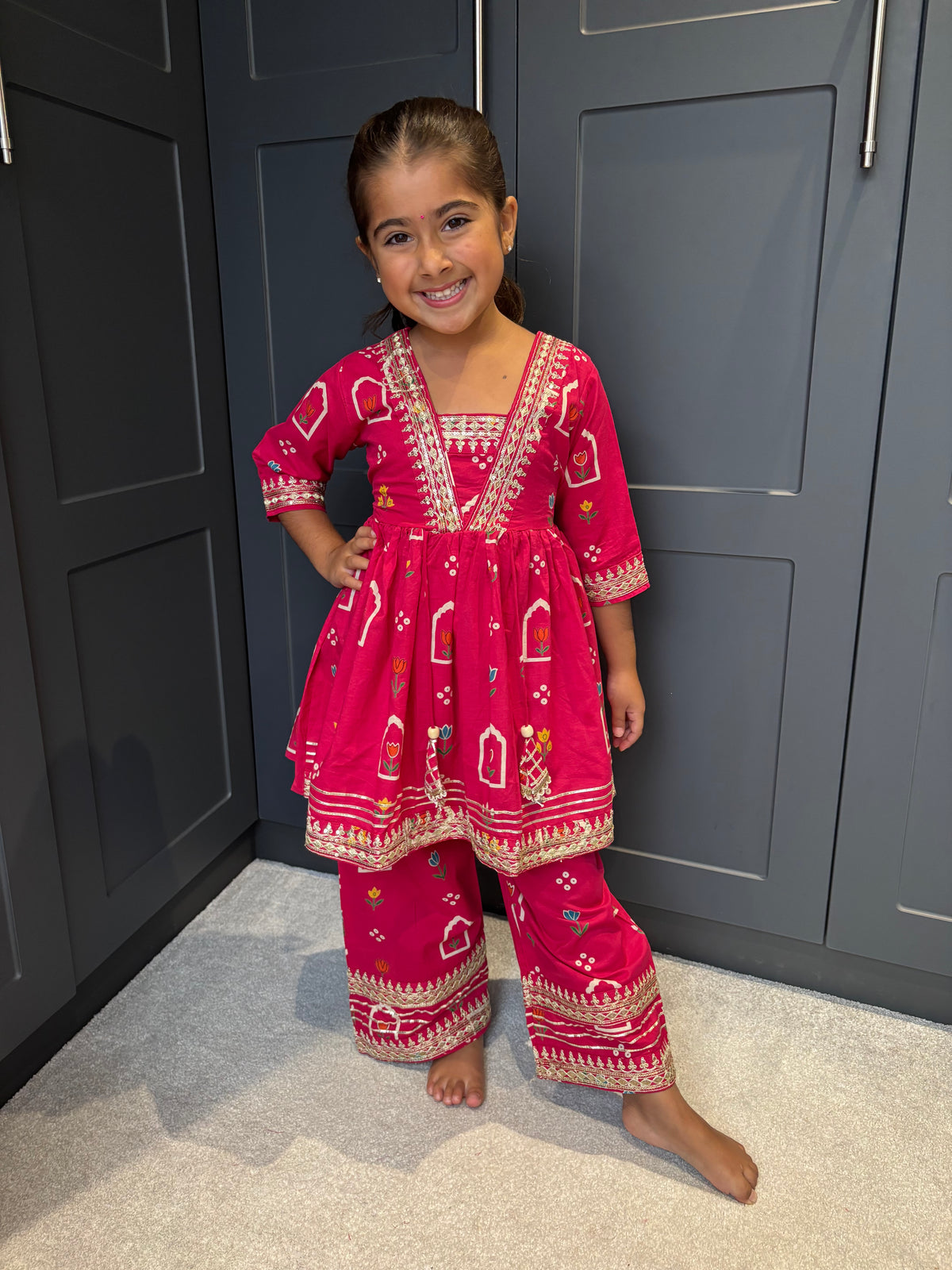 Rani Pink Cotton Palazzo Suit with Gotta Detail & Bandhani Dupatta | Indian Kidswear | Girls Outfits