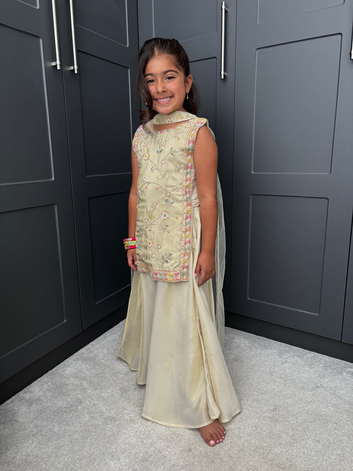 The Golden Muse | Girls Gold Floral Embroidered Palazzo Suit