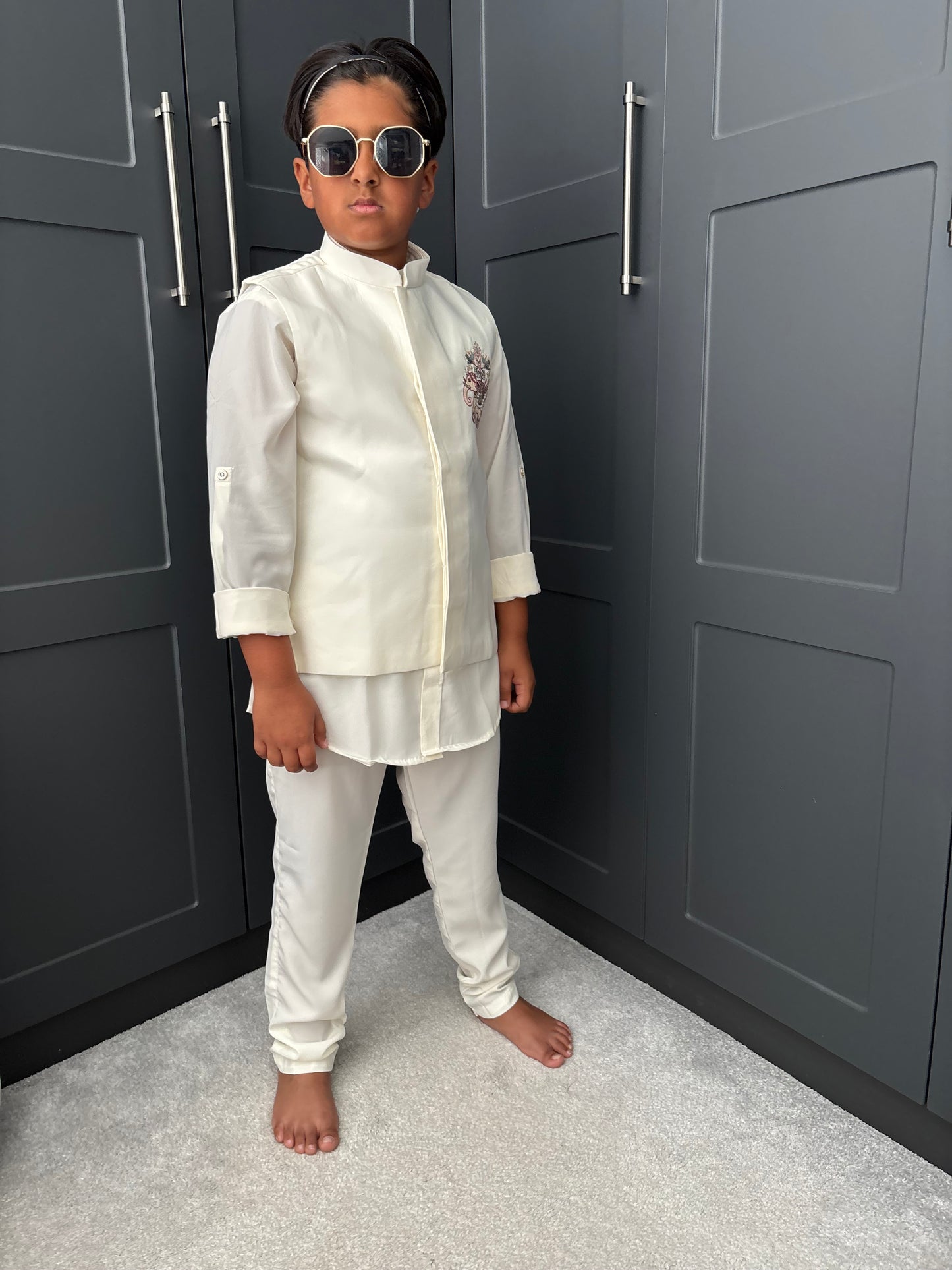 Boys Ivory Embroidered Nehru Jacket