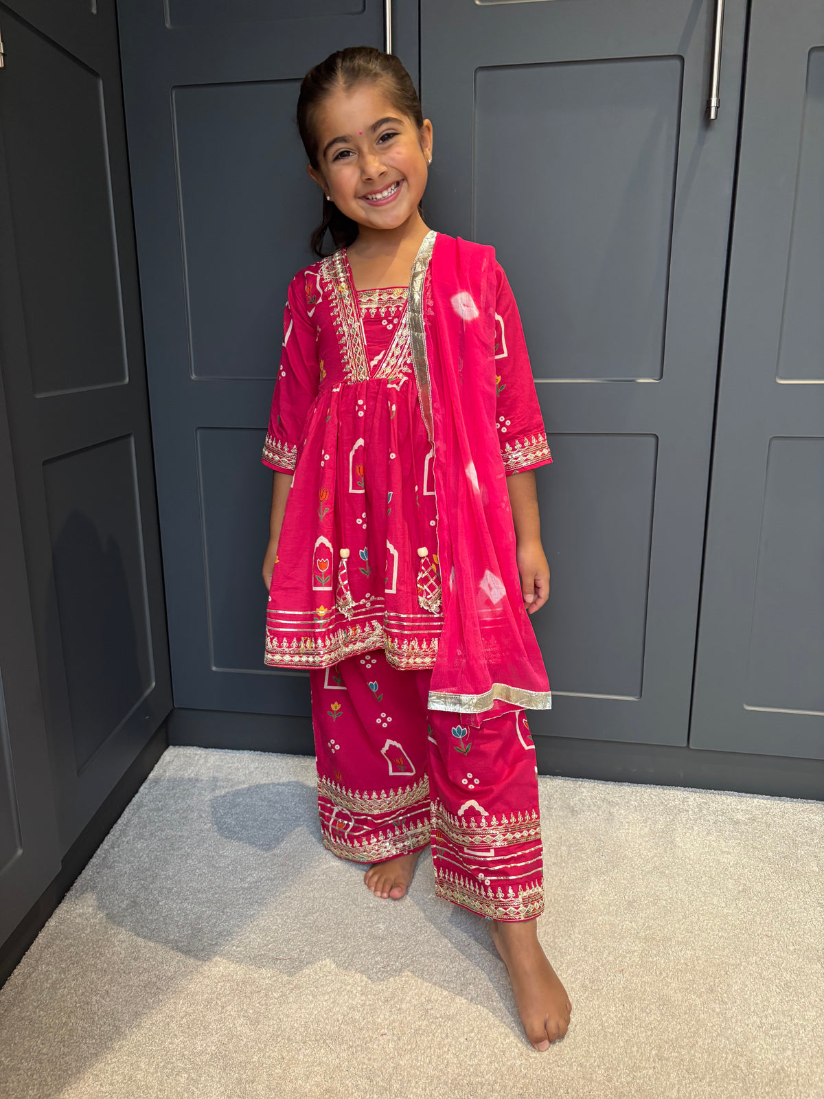 Rani Pink Cotton Palazzo Suit with Gotta Detail & Bandhani Dupatta | Indian Kidswear | Girls Outfits