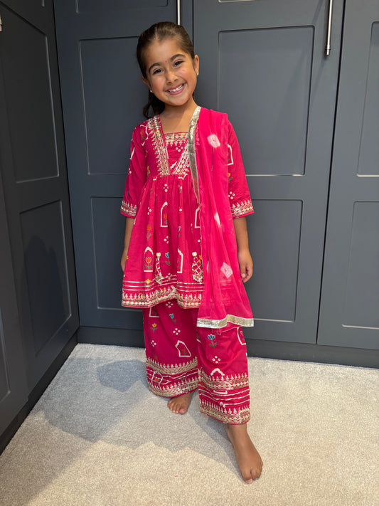 Rani Pink Cotton Palazzo Suit with Gotta Detail & Bandhani Dupatta | Indian Kidswear | Girls Outfits
