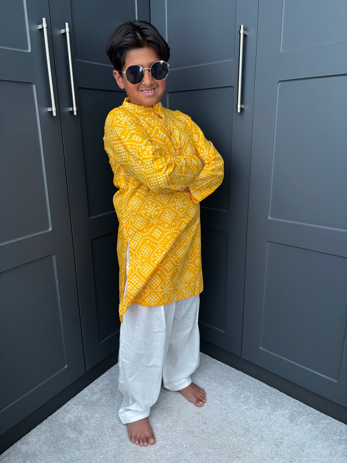 Boys Festive Yellow Bandhani Print Salwar Kameez | Sibling Collection