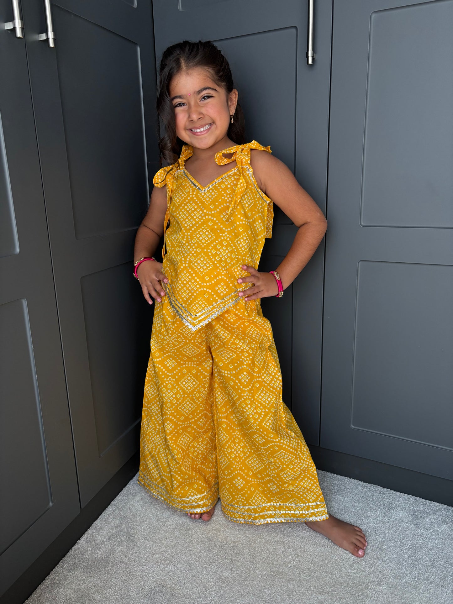 Girls Festive Yellow Bandhani Print Palazzo Suit | Sibling Collection