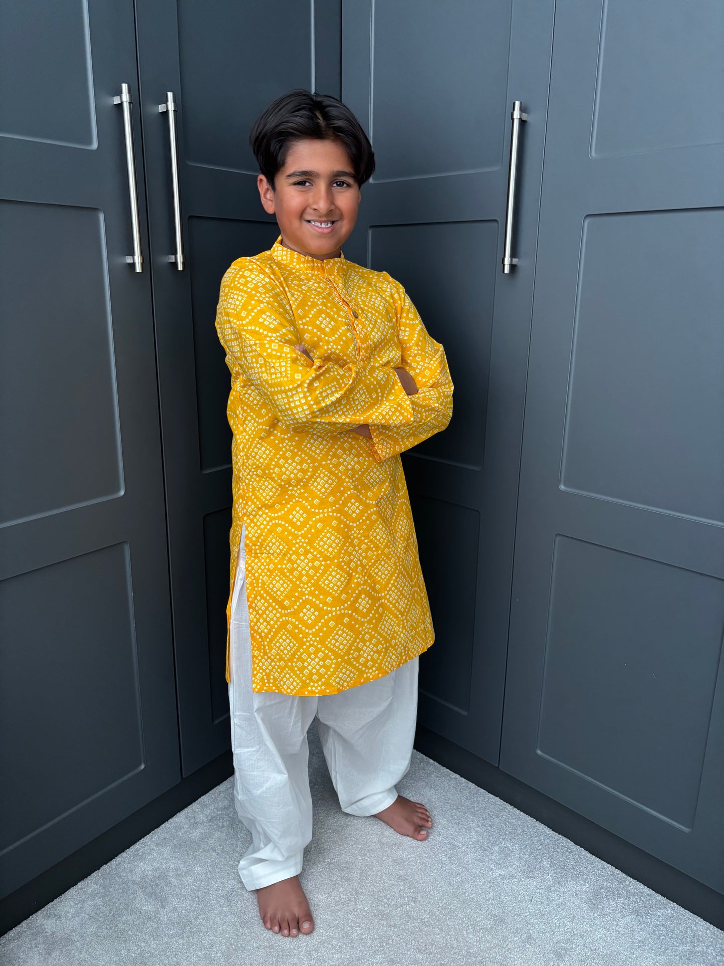 Boys Festive Yellow Bandhani Print Salwar Kameez | Sibling Collection