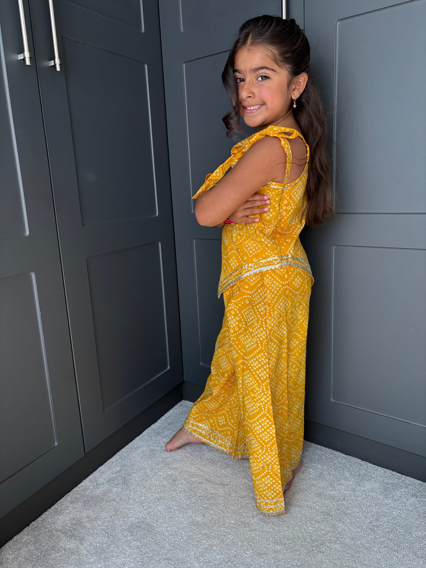 Girls Festive Yellow Bandhani Print Palazzo Suit | Sibling Collection