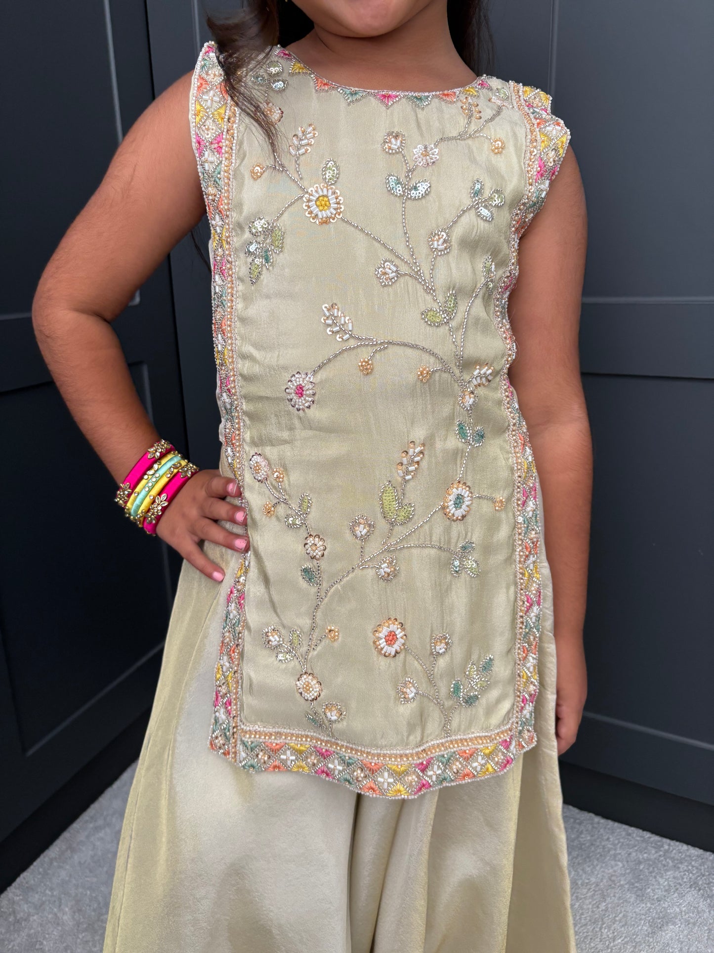 The Golden Muse | Girls Gold Floral Embroidered Palazzo Suit