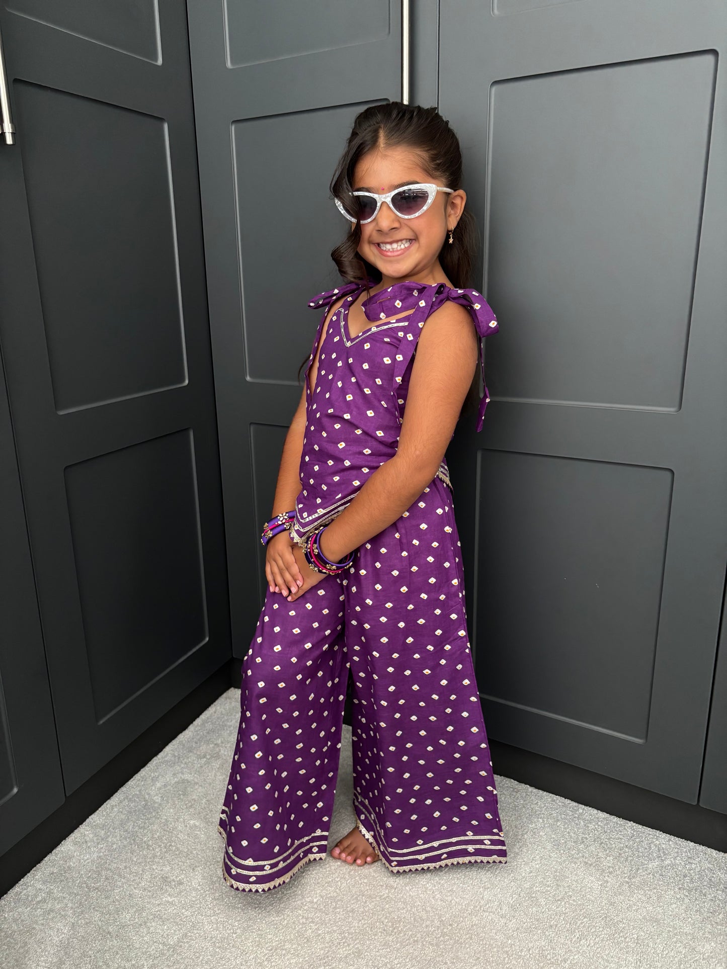 Girls Festive Purple Bandhani Print Palazzo Suit | Sibling Collection