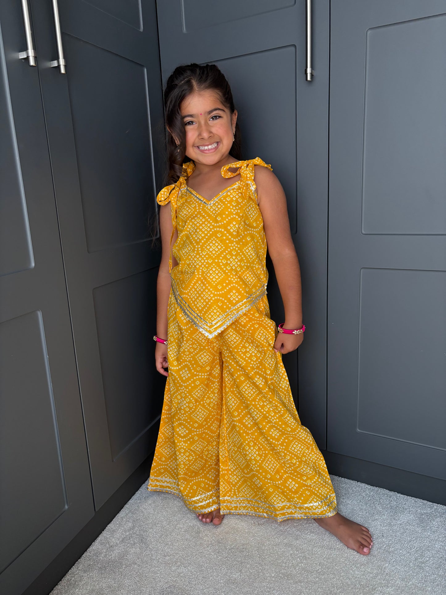 Girls Festive Yellow Bandhani Print Palazzo Suit | Sibling Collection