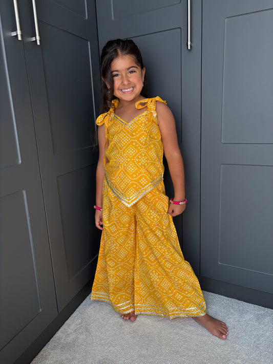 Girls Festive Yellow Bandhani Print Palazzo Suit | Sibling Collection